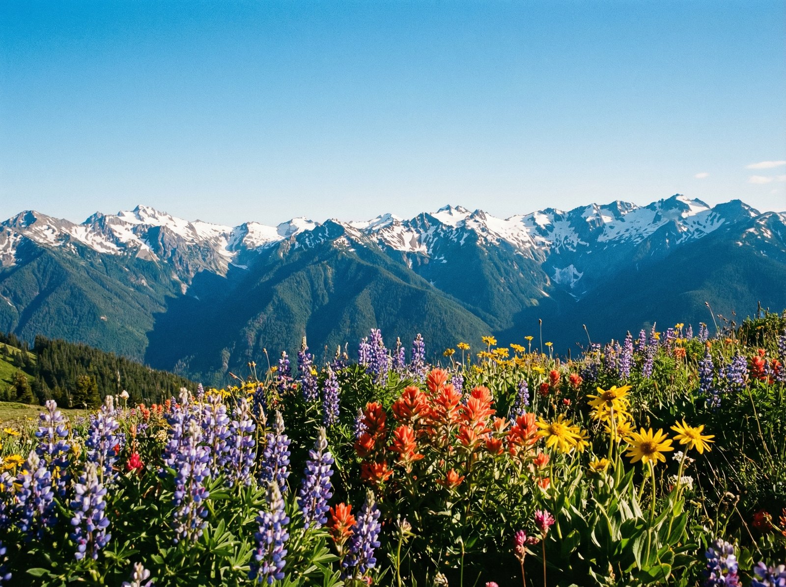 Majestic snow-capped peaks seen from Hurricane Ridge viewpoint, alpine wildflowers in the foreground, clear blue sky, vast mountain range landscape, 4:3, high contrast, vibrant colors, no text.
