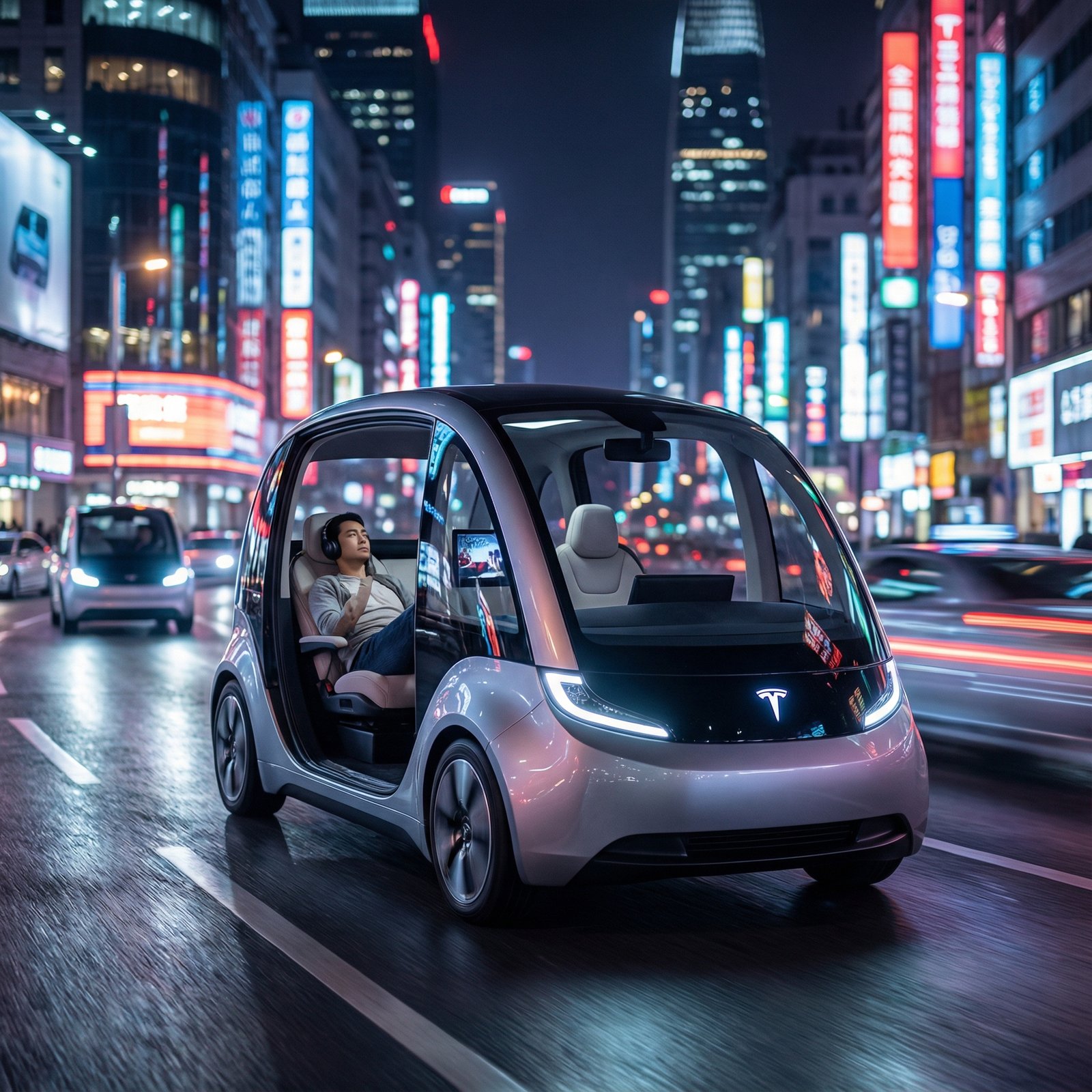 A futuristic Tesla robotaxi driving through a neon-lit smart city at night, smooth aerodynamic design, passenger visible inside relaxing, bokeh background of city lights, realistic photography style, 1:1 aspect ratio, no text