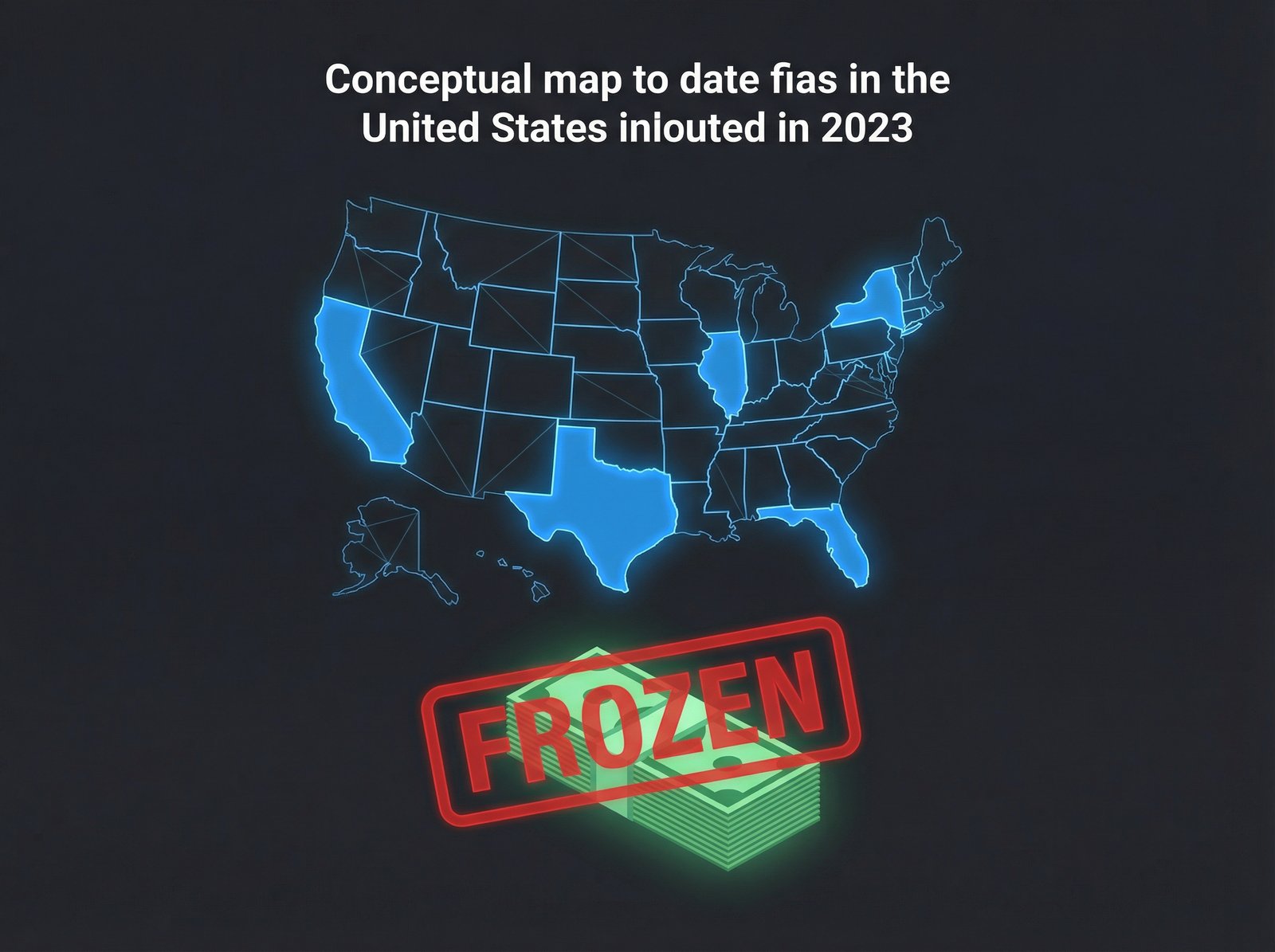 A clean and modern infographic showing a conceptual map of the United States with five states highlighted in blue, a large 'FROZEN' stamp overlaying a stack of dollar bills, professional layout, high contrast, 4:3 aspect ratio, no text.