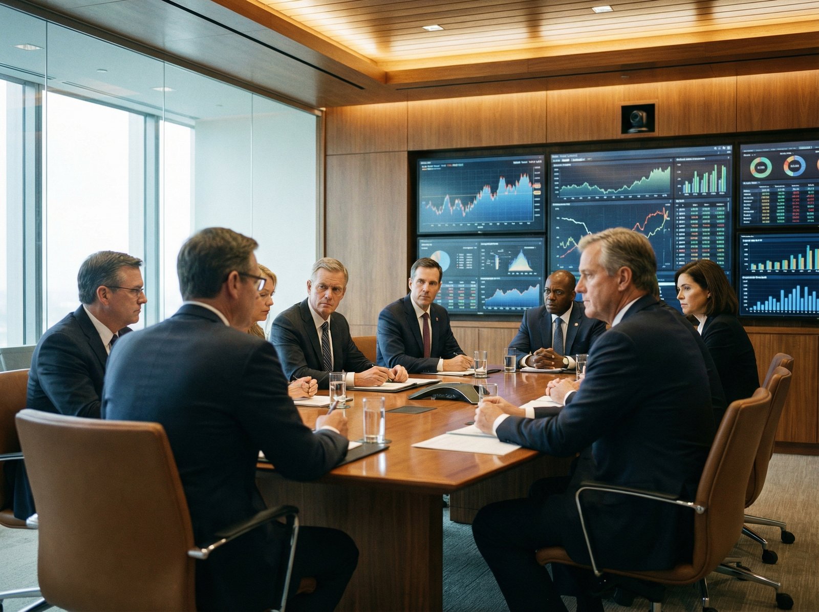 Professional government officials in a modern conference room discussing budget oversight, digital screens showing financial charts in the background, realistic lighting, centered focus, 4:3 aspect ratio, no text.