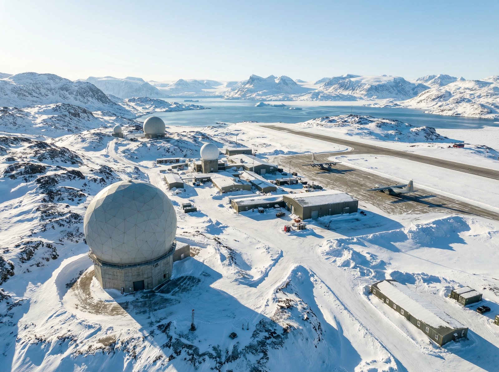 Realistic landscape of a modern military base in Greenland during a bright arctic day, featuring large radar domes and an airfield surrounded by snow-covered mountains and ice, high contrast lighting, professional photography, aspect ratio 4:3, no text