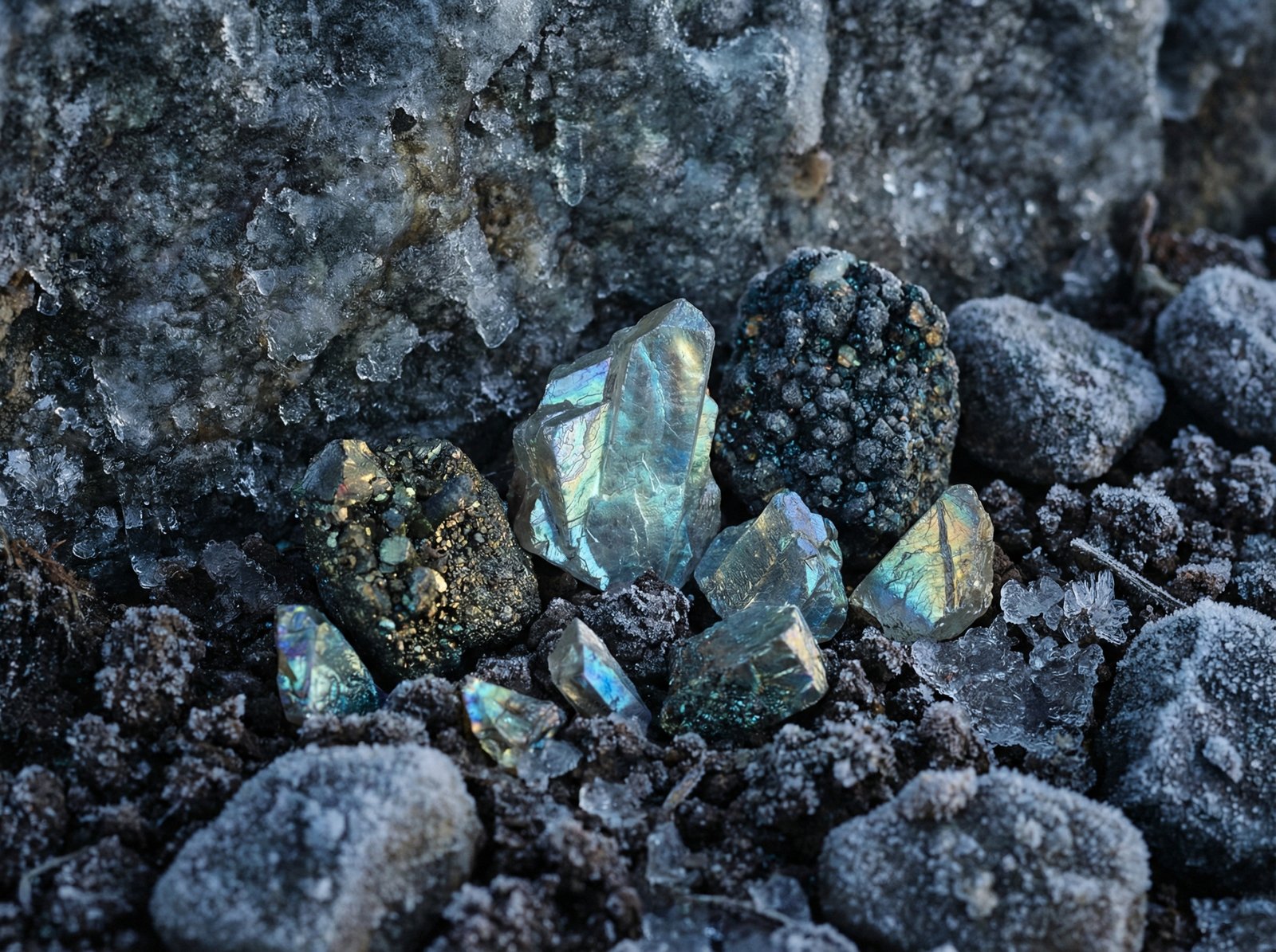 Detailed close-up of rare earth mineral crystals and raw materials found in arctic soil, glowing with metallic textures, artistic rendering of natural wealth, textured background with ice and rock, aspect ratio 4:3, no text