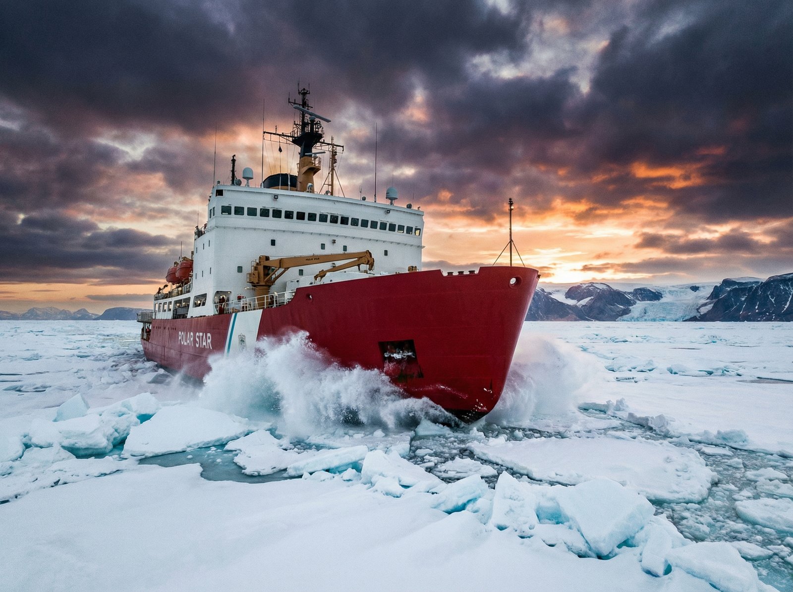 A massive icebreaker ship cutting through thick Arctic ice under a dramatic sky, Greenland coast in the distance, realistic cinematic photography, 4:3 aspect ratio, no visible text