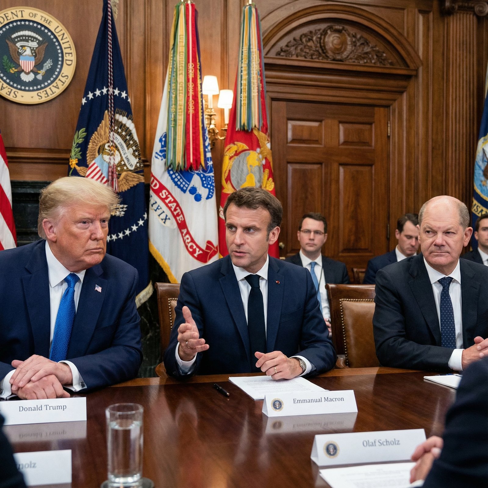 US President Trump and European leaders like Macron and Scholz talking in a formal setting, tense atmosphere, realistic news photography style 1:1