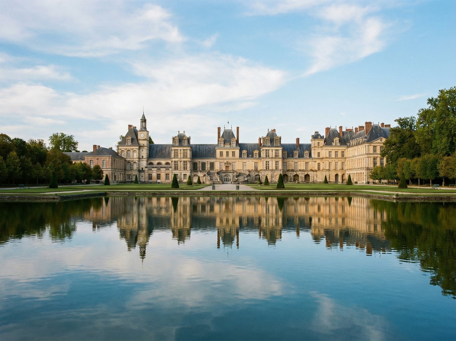 Realistic photography of the Palace of Fontainebleau in France, architectural masterpiece reflected in a calm lake, blue sky with soft clouds, wide angle shot, 4:3, no text
