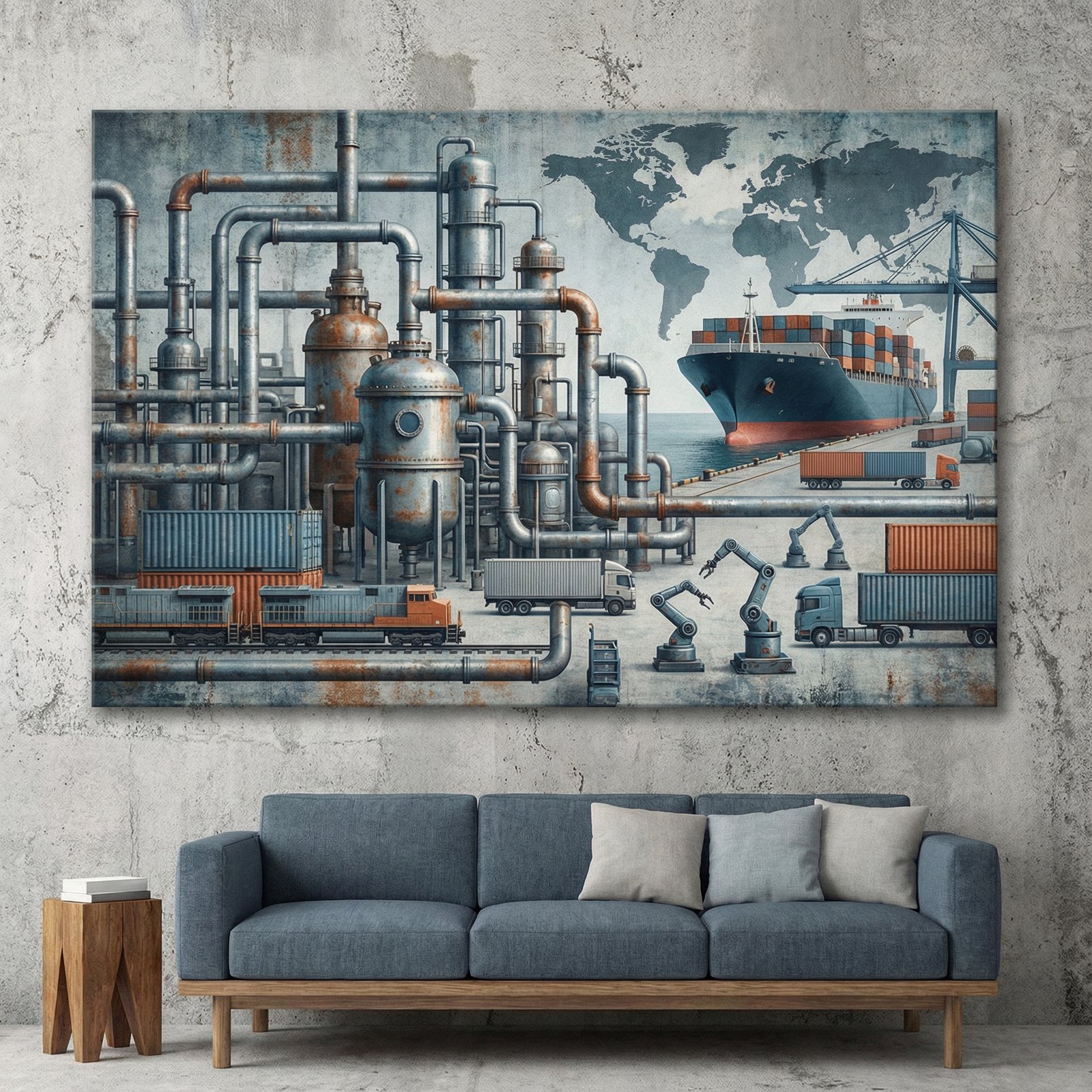 A detailed composition representing global chemical manufacturing and logistics, modern industrial style, textured background, 1:1 aspect ratio, no text
