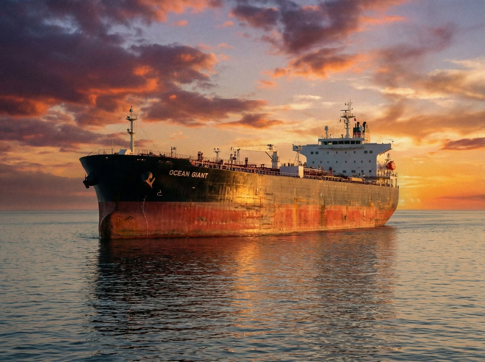 A realistic large oil tanker ship sailing on a calm ocean at sunset, cinematic lighting, high resolution, 4:3 aspect ratio, no text.