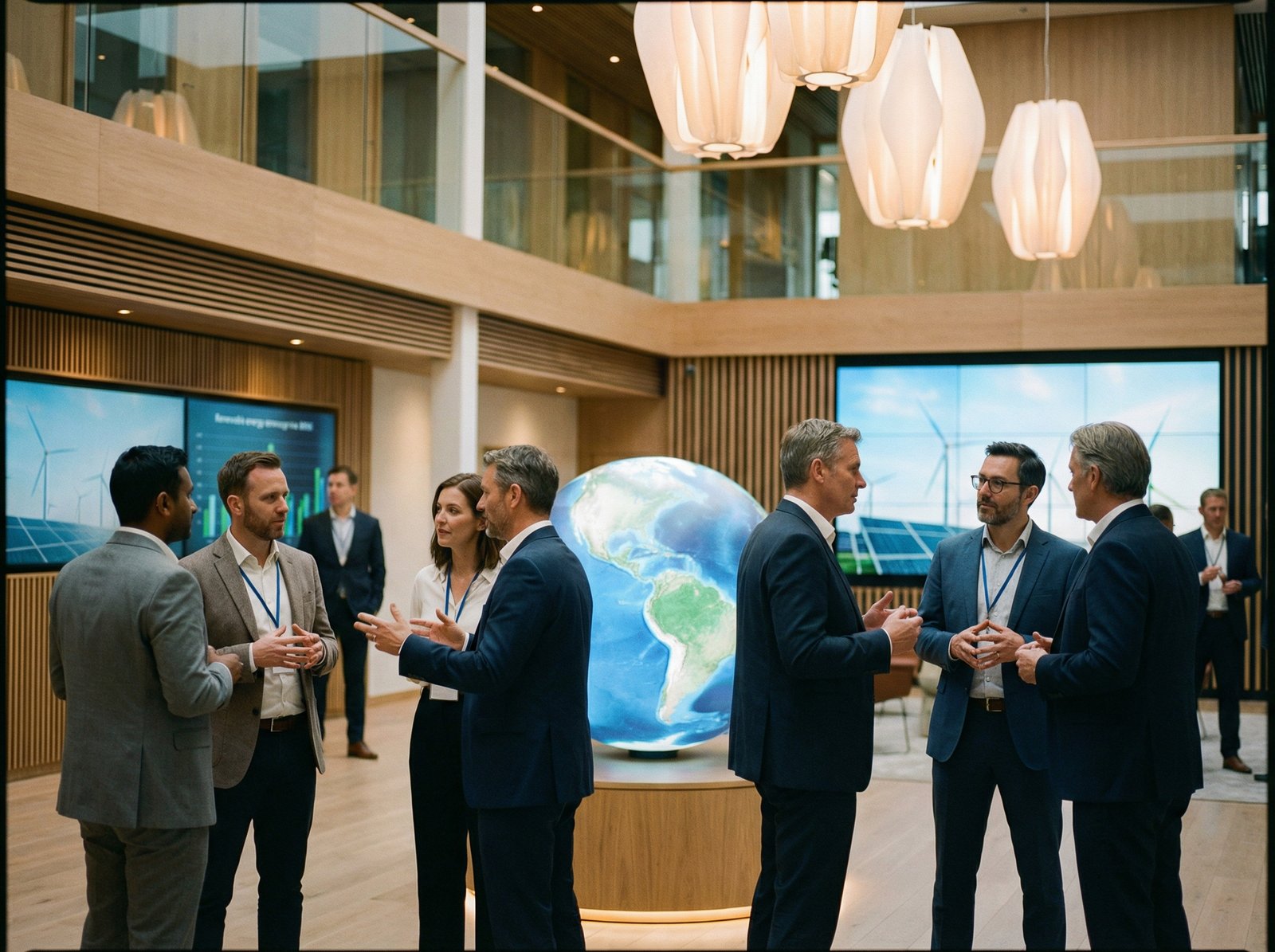 Modern business conference environment with professionals discussing energy topics, high-end interior, soft lighting, 4:3 aspect ratio, no text.