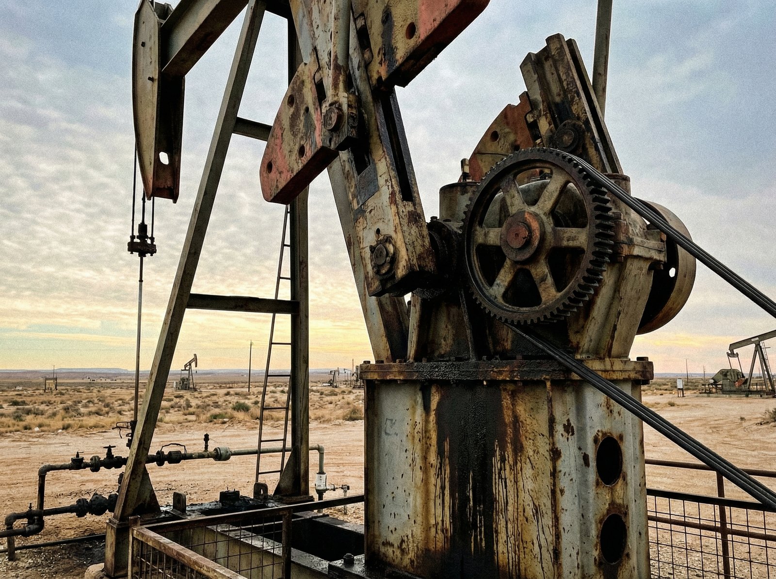 Close-up of professional crude oil pumping equipment in a vast landscape, industrial aesthetic, realistic photography, 4:3 aspect ratio, no text.