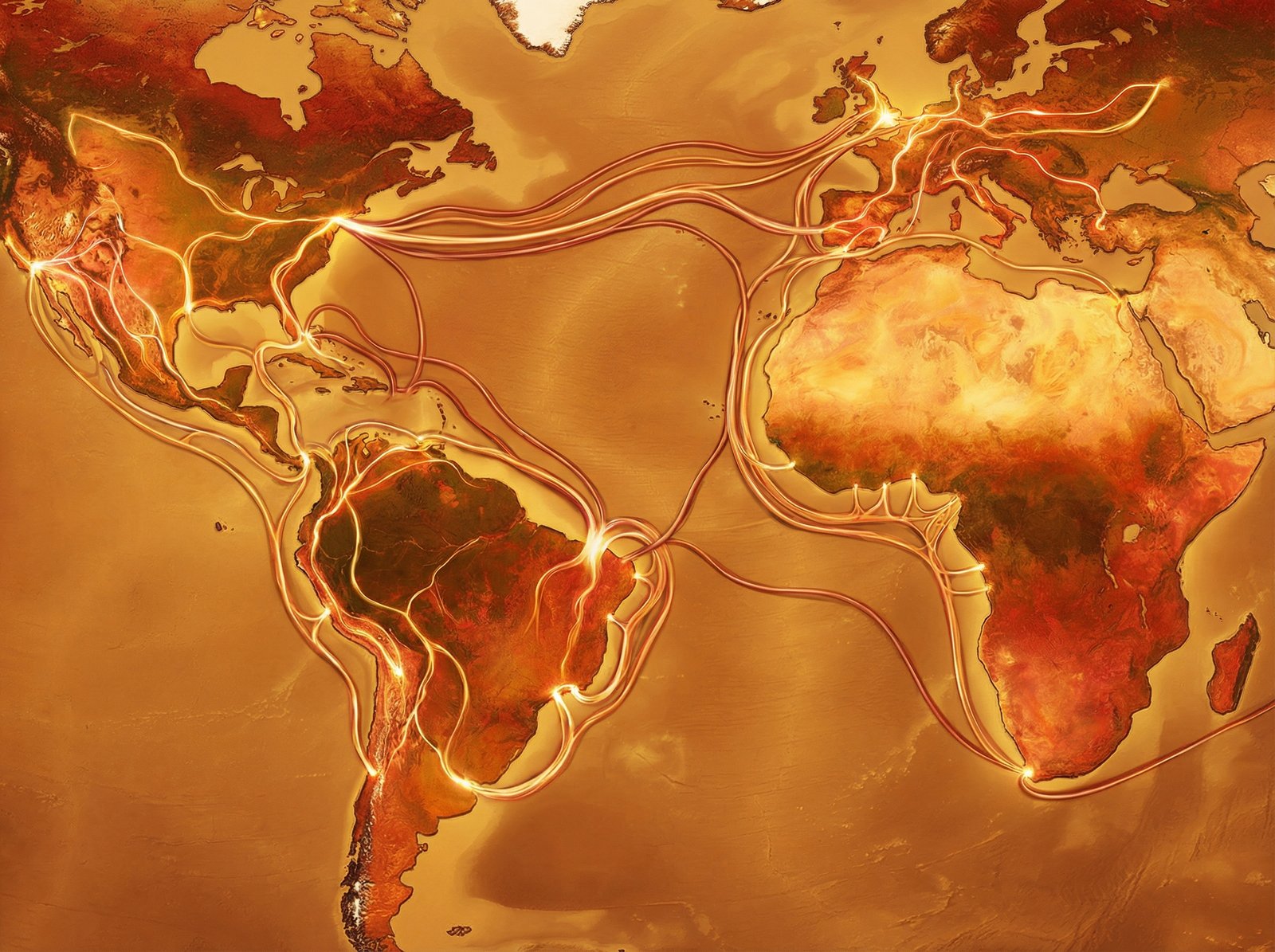 Artistic rendering of energy supply lines moving from South America to North America on a stylized map, warm colors, professional design, 4:3 aspect ratio, no text.