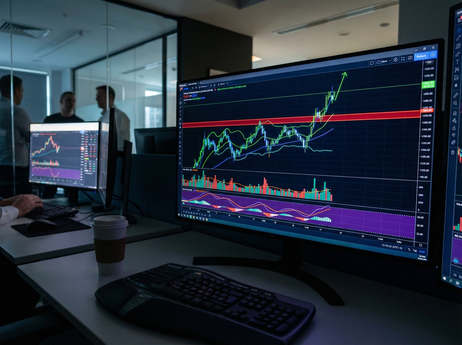 A professional stock market chart showing a clear upward trend and a breakout pattern above a resistance line, high contrast financial data visualization, modern trading desk atmosphere, 4:3 aspect ratio, no text