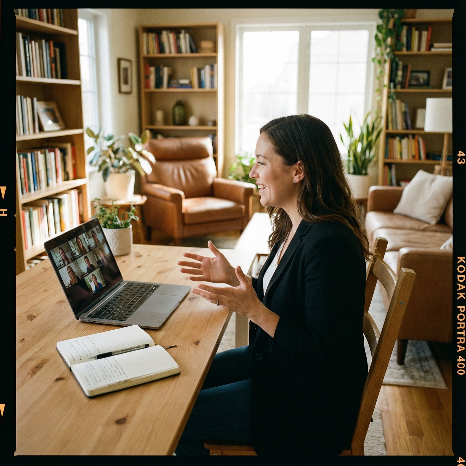 A professional person sitting in a stylish and warm home office, talking on a video call with a laptop and professional notebook. Natural lighting, cozy atmosphere, high quality photography, 1:1 aspect ratio, no text.