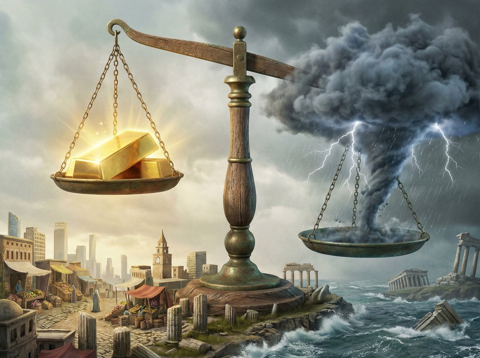 A conceptual image of a balance scale with a gold bar on one side and a stormy cloud on the other, representing risk and reward in emerging markets, artistic 3D rendering, 4:3 aspect ratio, no text.