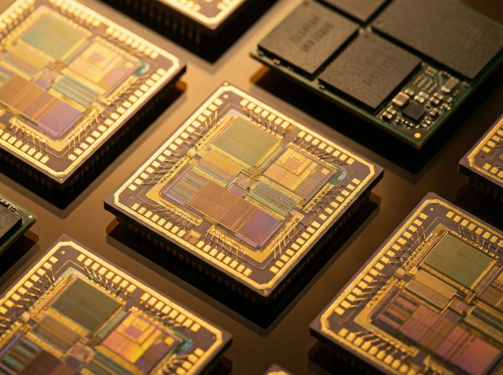 Close up macro photography of high-end semiconductor chips and NAND flash memory units, golden light reflecting on silicon surfaces, professional tech product display, 4:3 aspect ratio, no text.