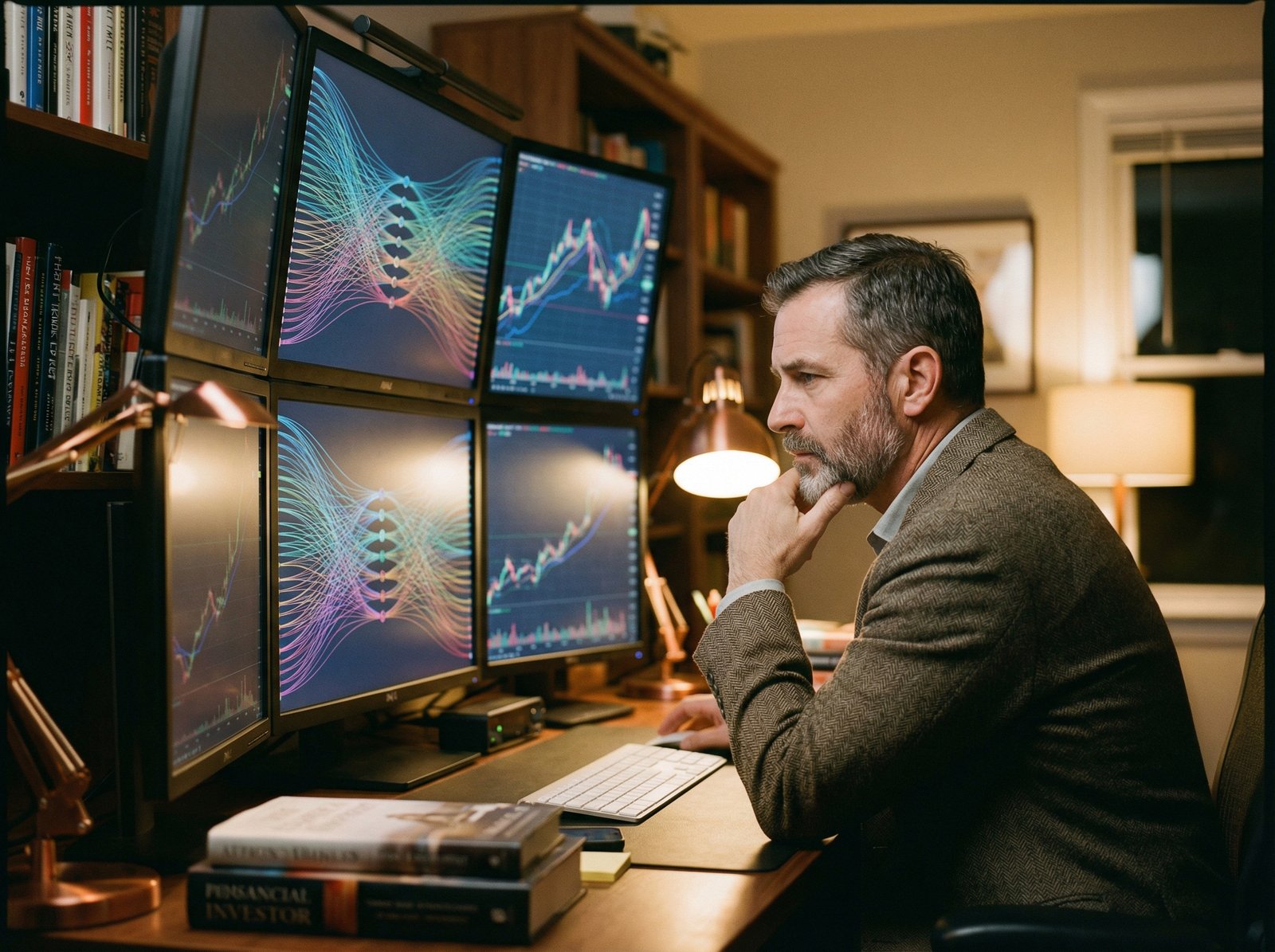 A professional investor looking at a multi-screen setup showing abstract stock market trends and AI technology data visualizations, warm indoor lighting, focused atmosphere, 4:3 aspect ratio, no text.