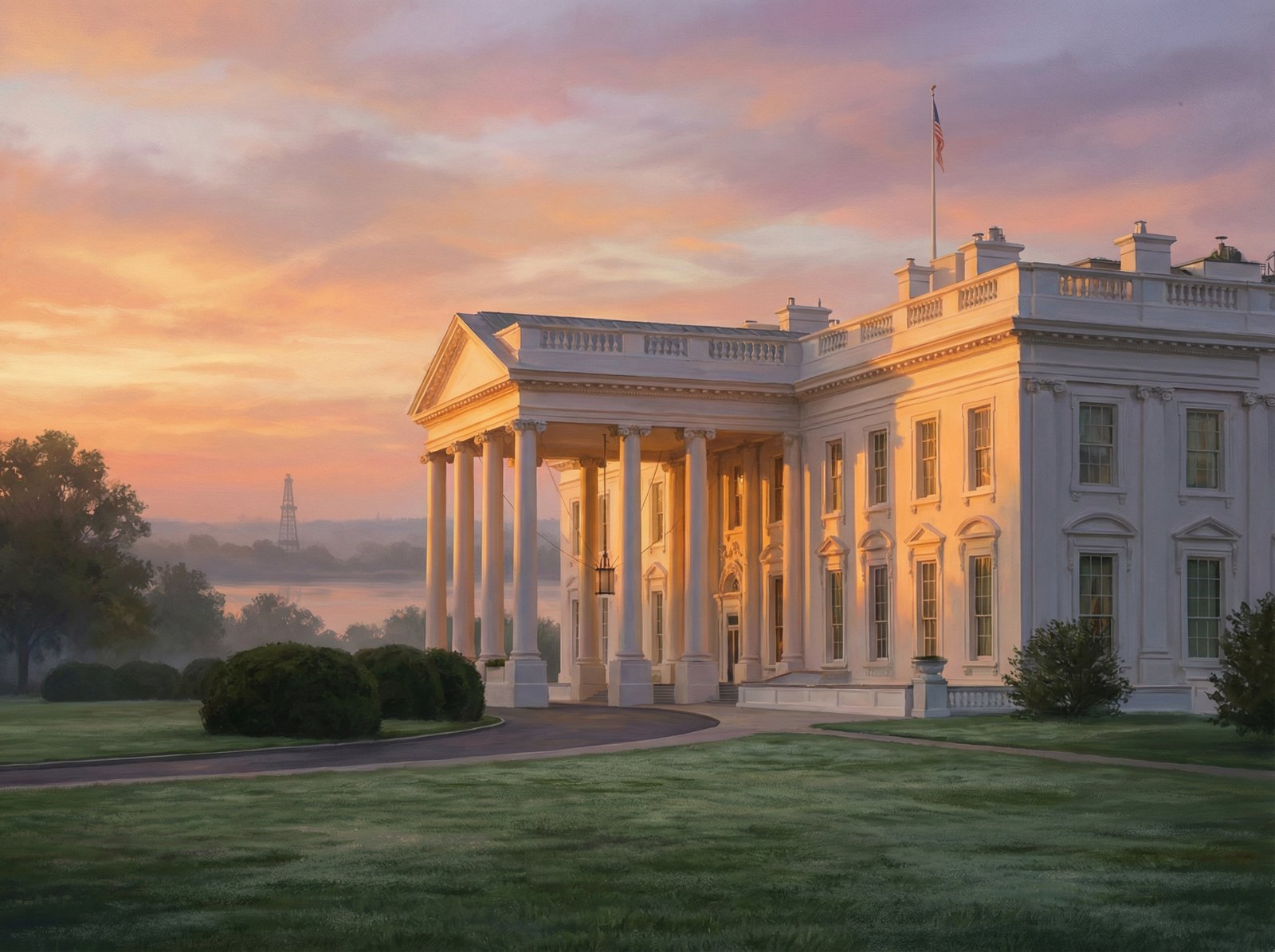 A majestic view of the White House with a subtle oil derrick silhouette in the background, dawn lighting, realistic digital art, no text, 4:3