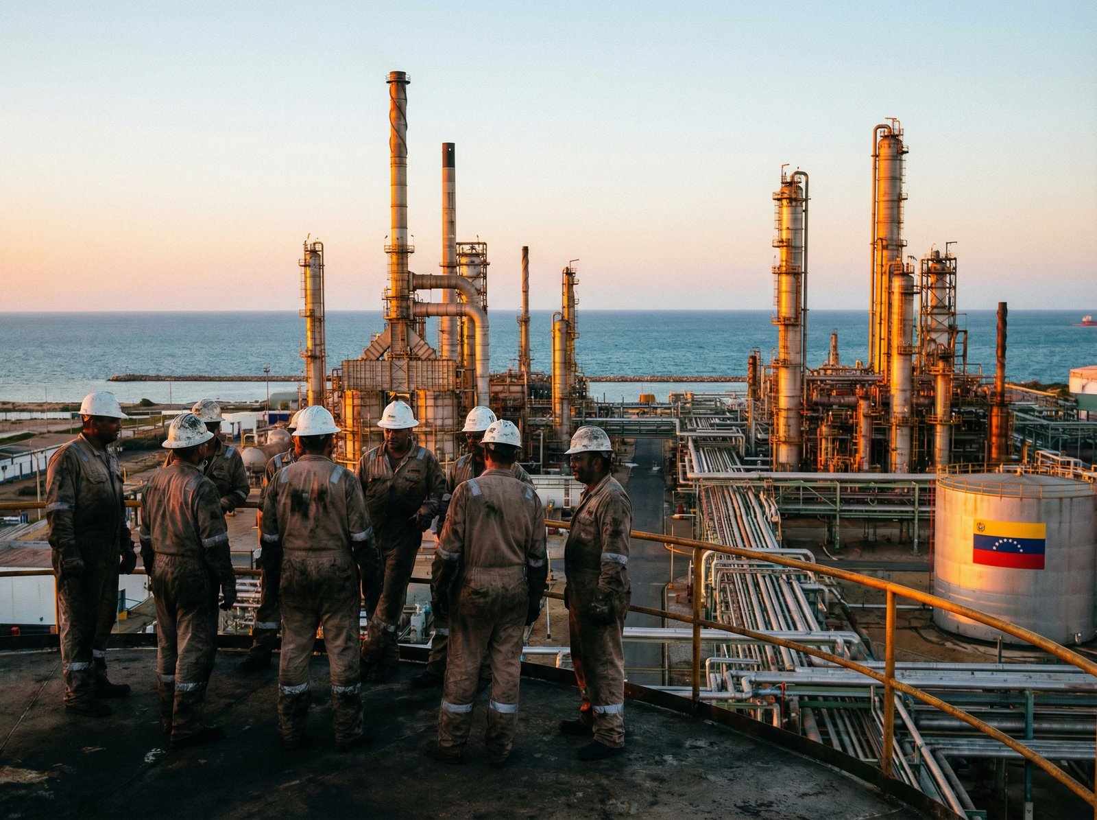 Professional oil workers in safety gear at a massive coastal refinery in Venezuela, sunset, high resolution photography, cinematic lighting, no text, 4:3