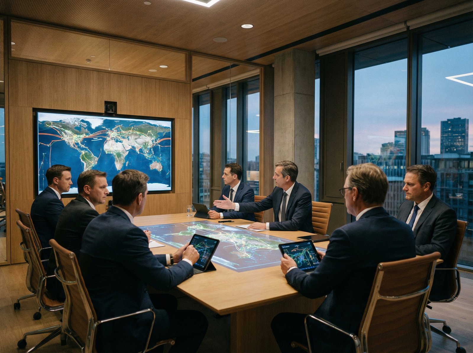 A high-stakes meeting room with modern architecture, professional executives in suits discussing energy maps, soft indoor lighting, no text, 4:3