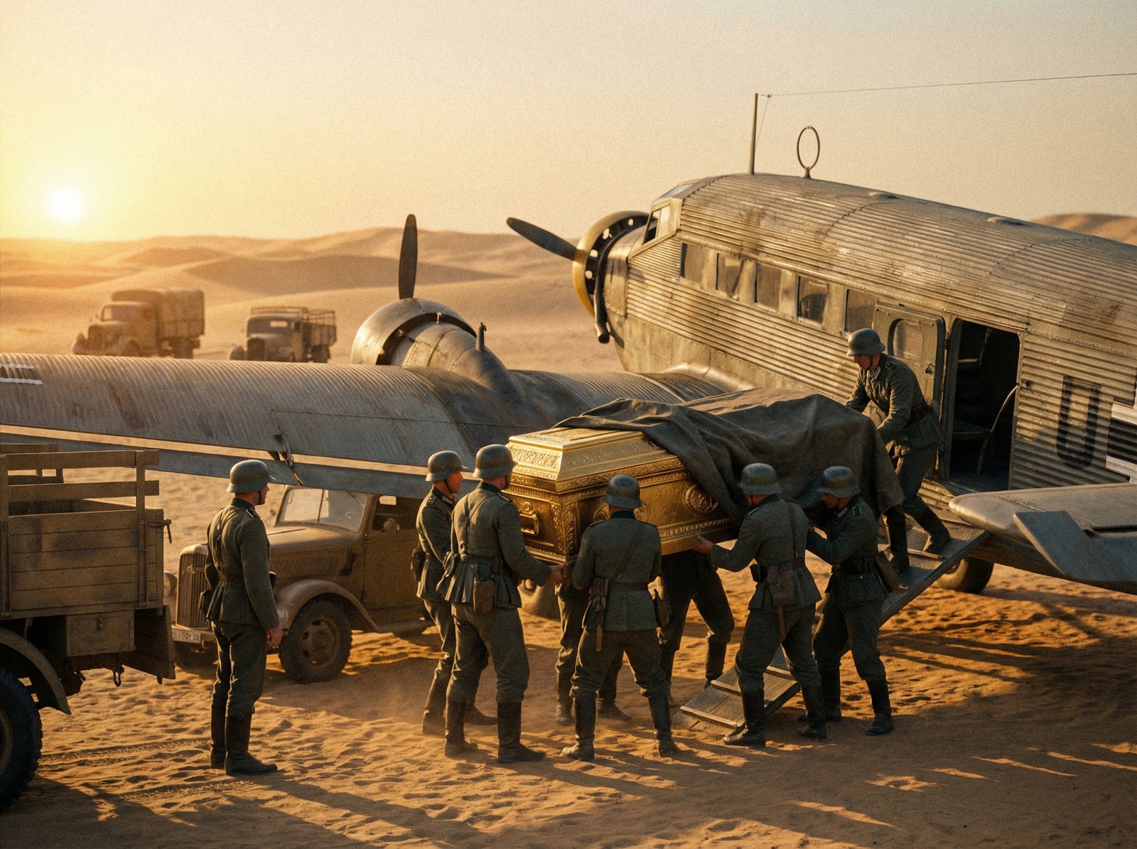 A cinematic shot of 1930s Nazi soldiers loading the golden Ark of the Covenant onto a transport plane in the Egyptian desert, sunset lighting, high detail, historical atmosphere, 4:3 ratio, no text