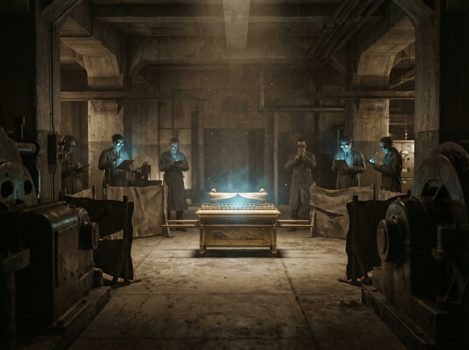 A dark underground laboratory in Berlin during the 1930s, the golden Ark of the Covenant emitting a faint blue supernatural glow, scientists in lab coats watching from a distance, mysterious atmosphere, 4:3 ratio, no text