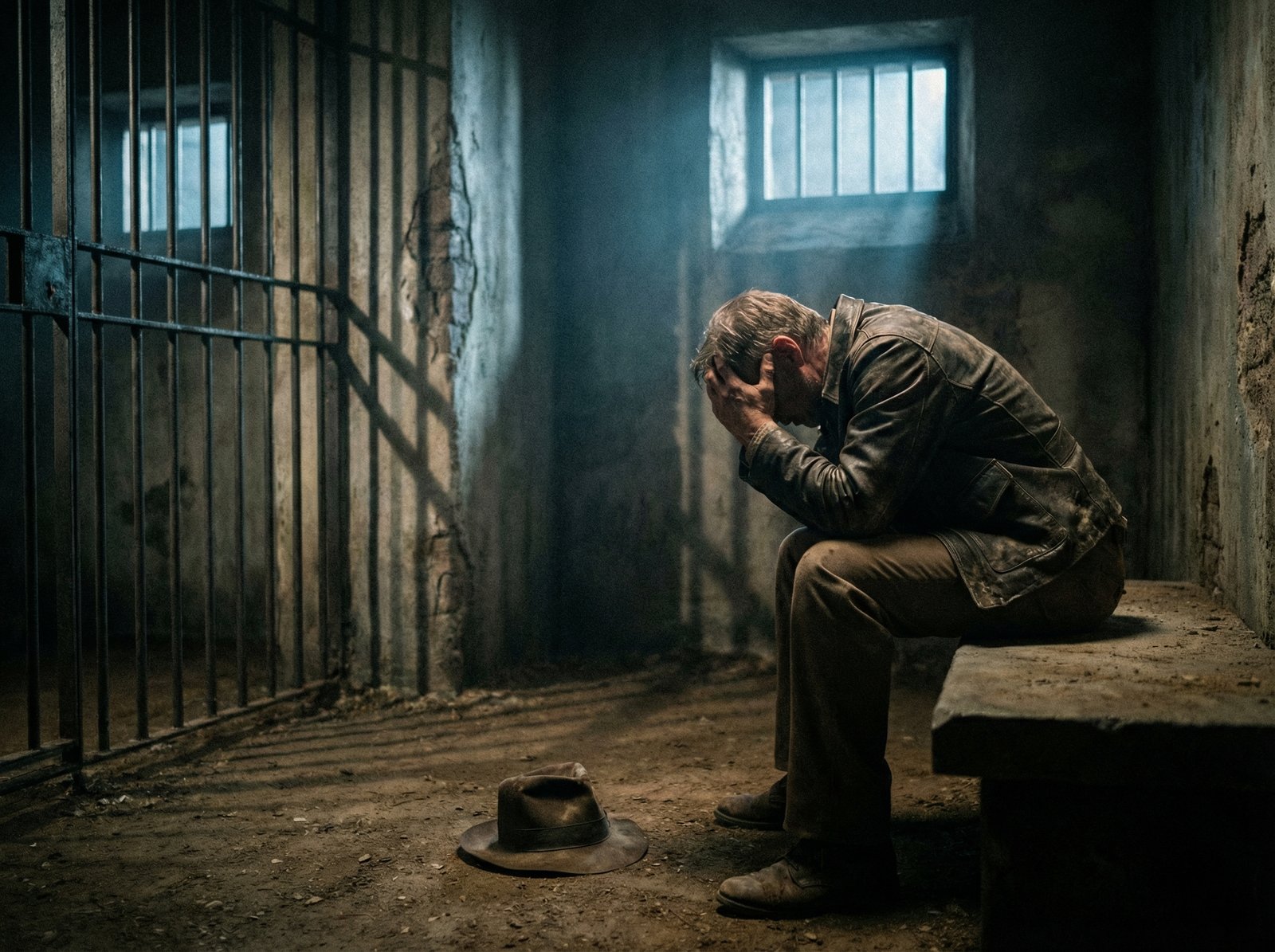 A defeated Indiana Jones sitting in a dark prison cell, his iconic hat on the floor, shadows of bars on the wall, moody lighting, cinematic style, 4:3 ratio, no text