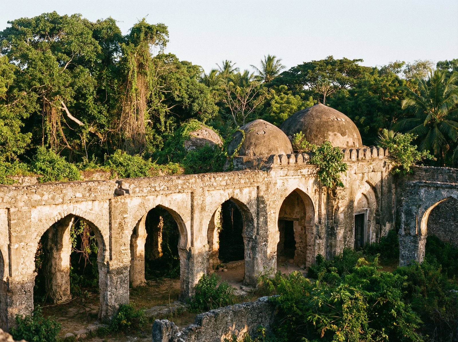 Realistic photograph of the Great Mosque of Kilwa Kisiwani, ancient coral stone ruins with arches and domes, warm golden hour sunlight, lush tropical vegetation in the background, high detail, 4:3 aspect ratio, no text