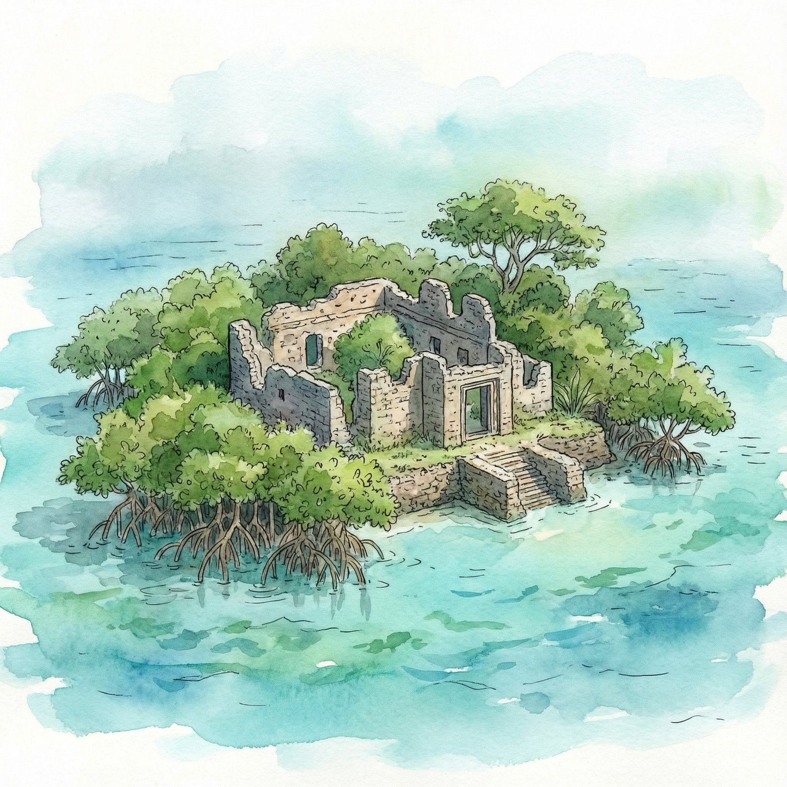 Artistic rendering of the ruins of Songo Mnara on an island, surrounding mangroves and clear blue ocean water, peaceful and mysterious atmosphere, 1:1 aspect ratio, no text
