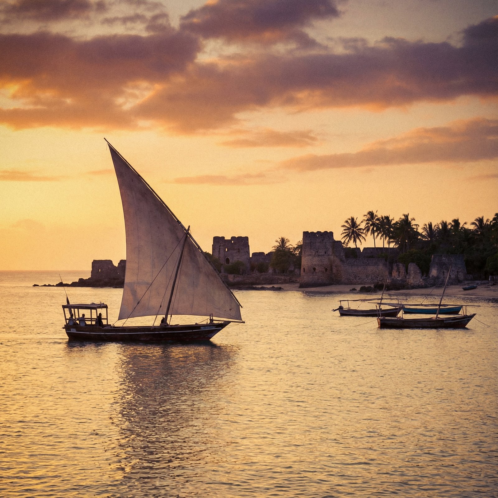 Traditional Swahili dhow boat sailing near the coast of Kilwa at sunset, calm sea, historical and nostalgic mood, 1:1 aspect ratio, no text