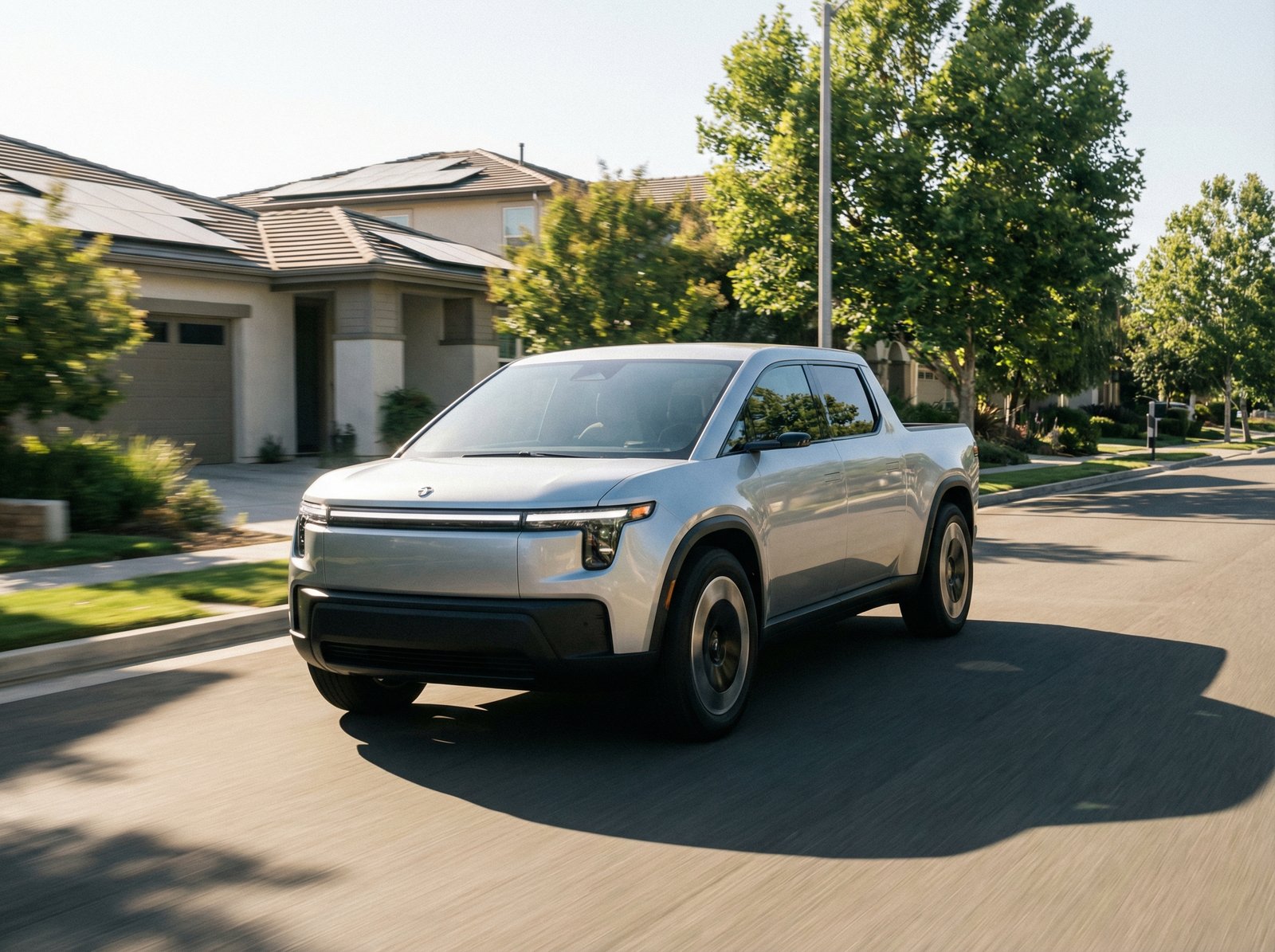 A modern and sleek compact electric pickup truck driving on a suburban road, futuristic design, silver metallic color, bright daylight, cinematic lighting, 4:3 aspect ratio, no text