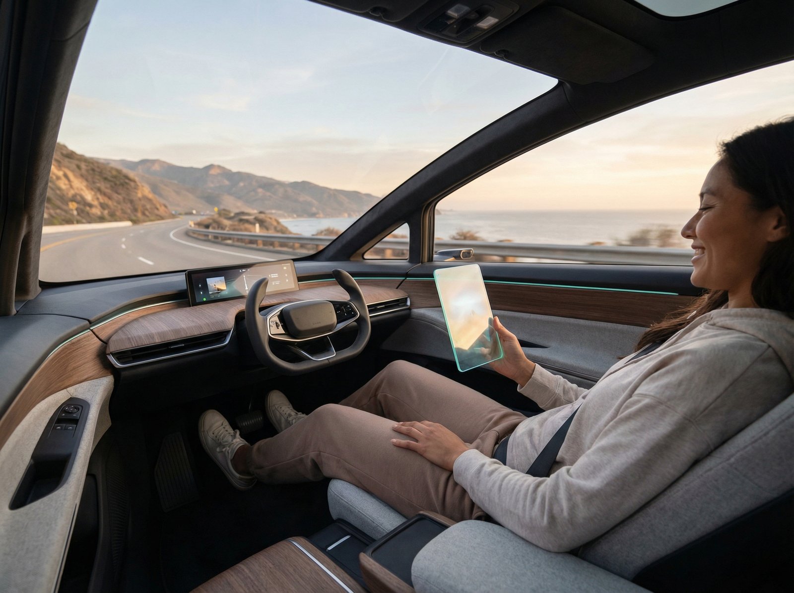 Interior of a futuristic car, a person sitting comfortably in the driver seat looking at a tablet, hands away from the steering wheel, through the windshield is a scenic highway, soft natural lighting, high quality lifestyle photography, 4:3 aspect ratio, no text