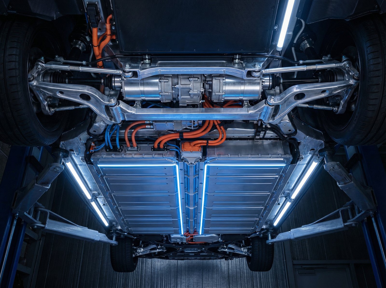 An underside view of an electric vehicle chassis showing the battery pack and motors, clean engineering layout, high-tech industrial lighting, dark background with glowing blue accents, 4:3 aspect ratio, no text