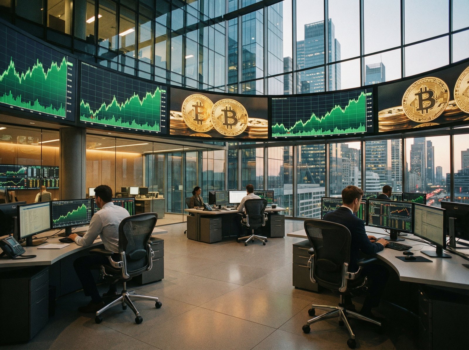 A professional trading environment showing multiple digital screens with golden Bitcoin coins and green upward stock charts, modern financial district atmosphere, high-end technology feel, 4:3 aspect ratio, no text.