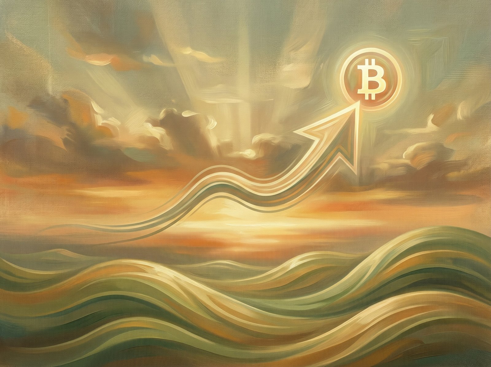 An artistic representation of financial growth with a Bitcoin icon rising above a soft golden sunrise background, clean lines, textured feel, metaphorical depiction of economic easing, 4:3 aspect ratio, no text.