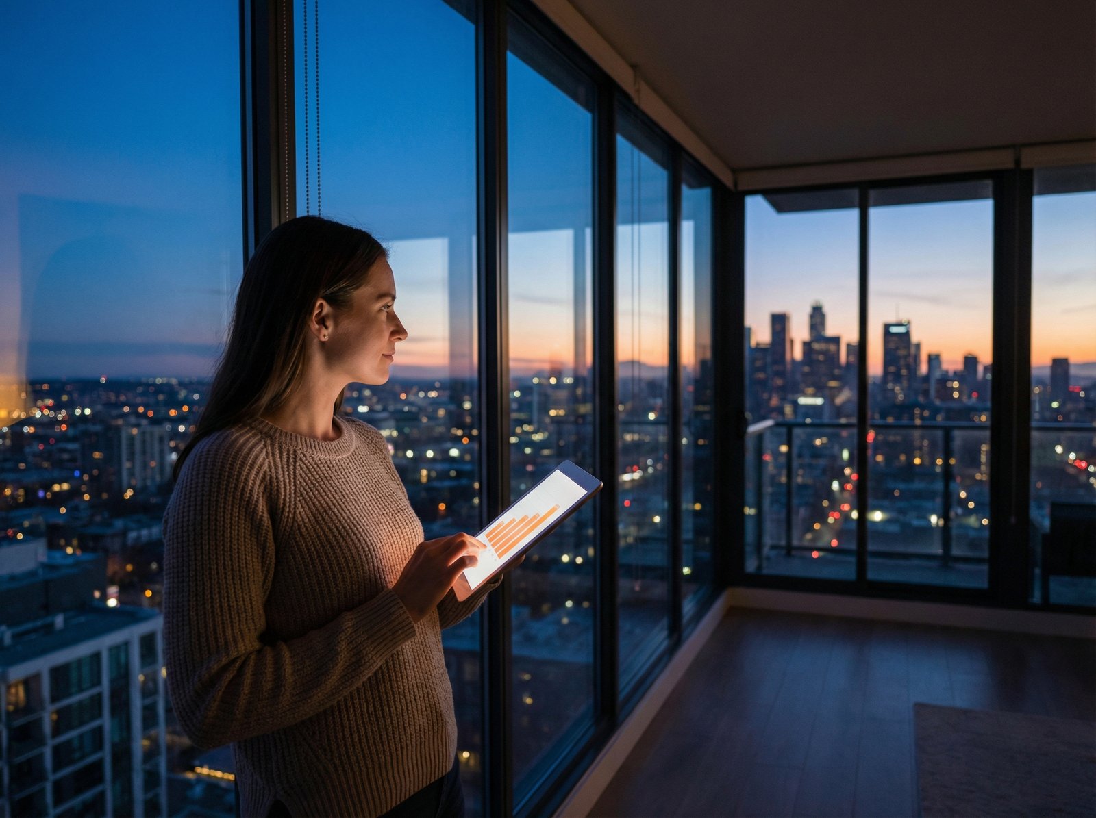 A person looking out of a modern high-rise window at a cityscape at twilight, holding a tablet with a subtle glowing orange chart, calm and thoughtful atmosphere, 4:3 aspect ratio, no text.