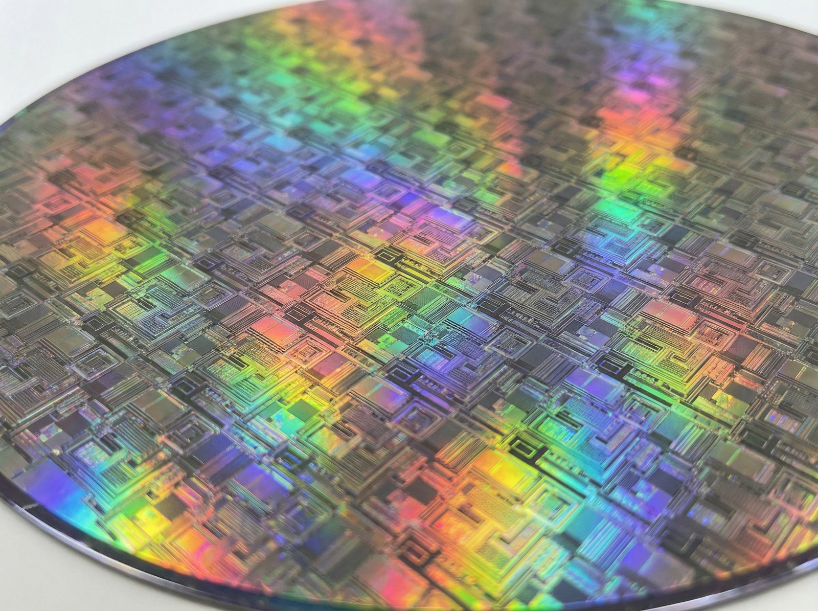 Close-up of a semiconductor wafer with intricate patterns and iridescent light reflections, representing advanced AI chip technology, clean and futuristic, 4:3 aspect ratio, no text.