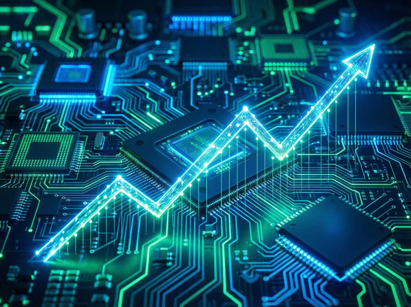 A conceptual image showing a rising financial trend line overlaying a background of digital circuits and microchips, vibrant green and blue tones, 4:3 aspect ratio, no text.