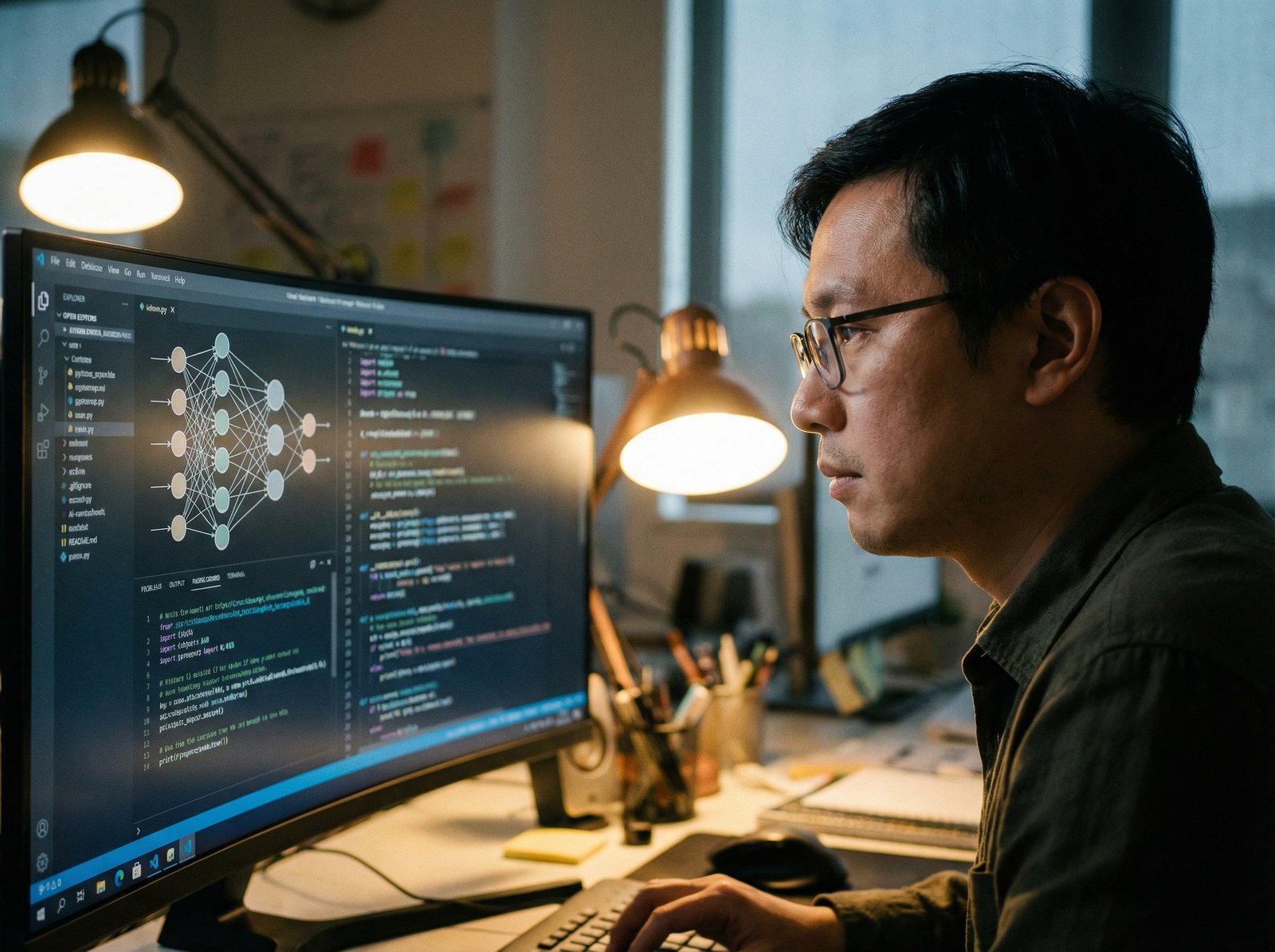 Close-up of a professional AI developer focused on a large curved monitor displaying complex neural network structures and code, warm indoor office lighting, realistic photography style, high quality, 4:3 aspect ratio, no text.