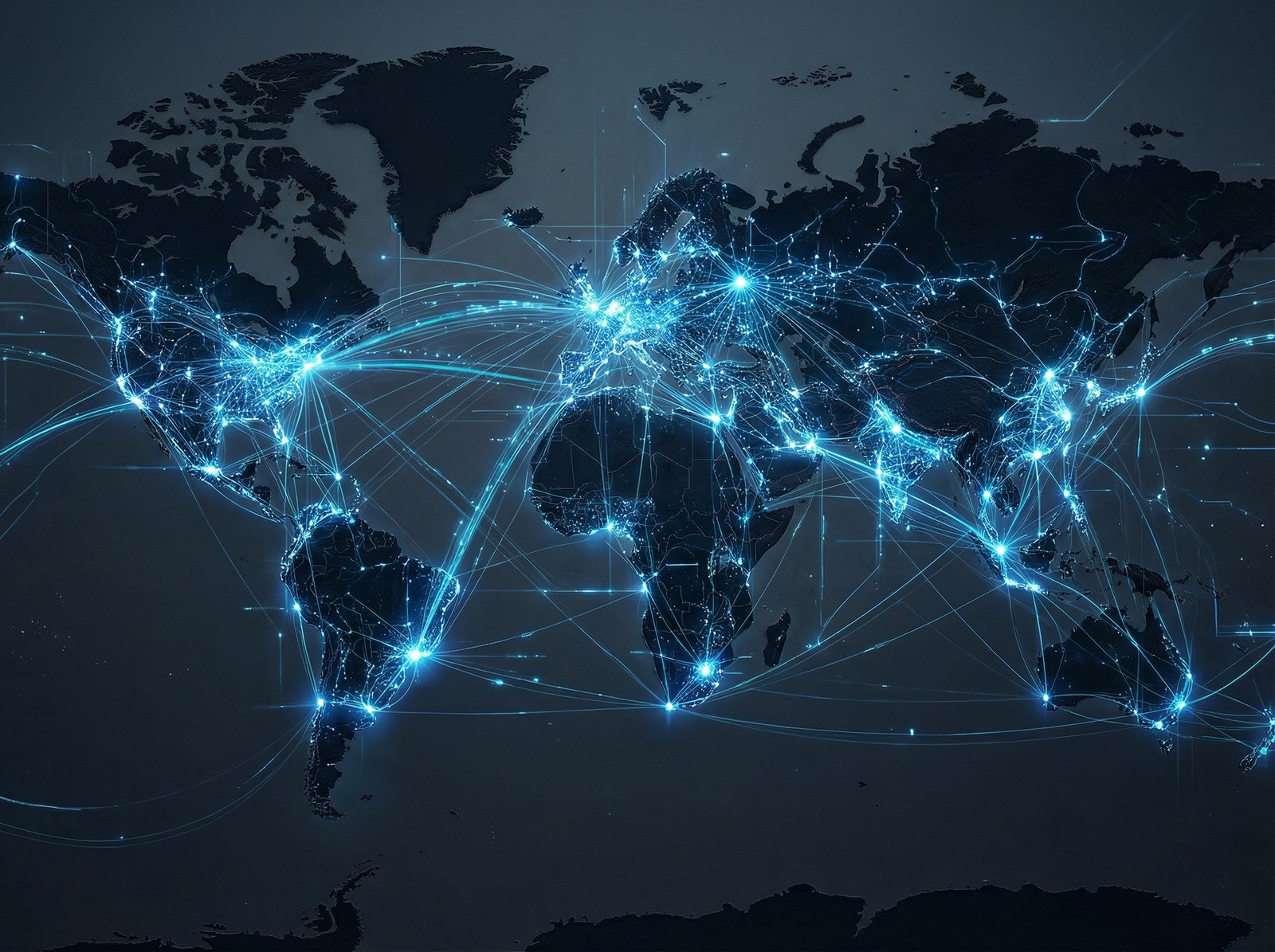 A complex network of glowing blue lines connecting various points on a dark world map, representing global AI infrastructure and data flow, futuristic and clean infographic style, 4:3 aspect ratio, no text.