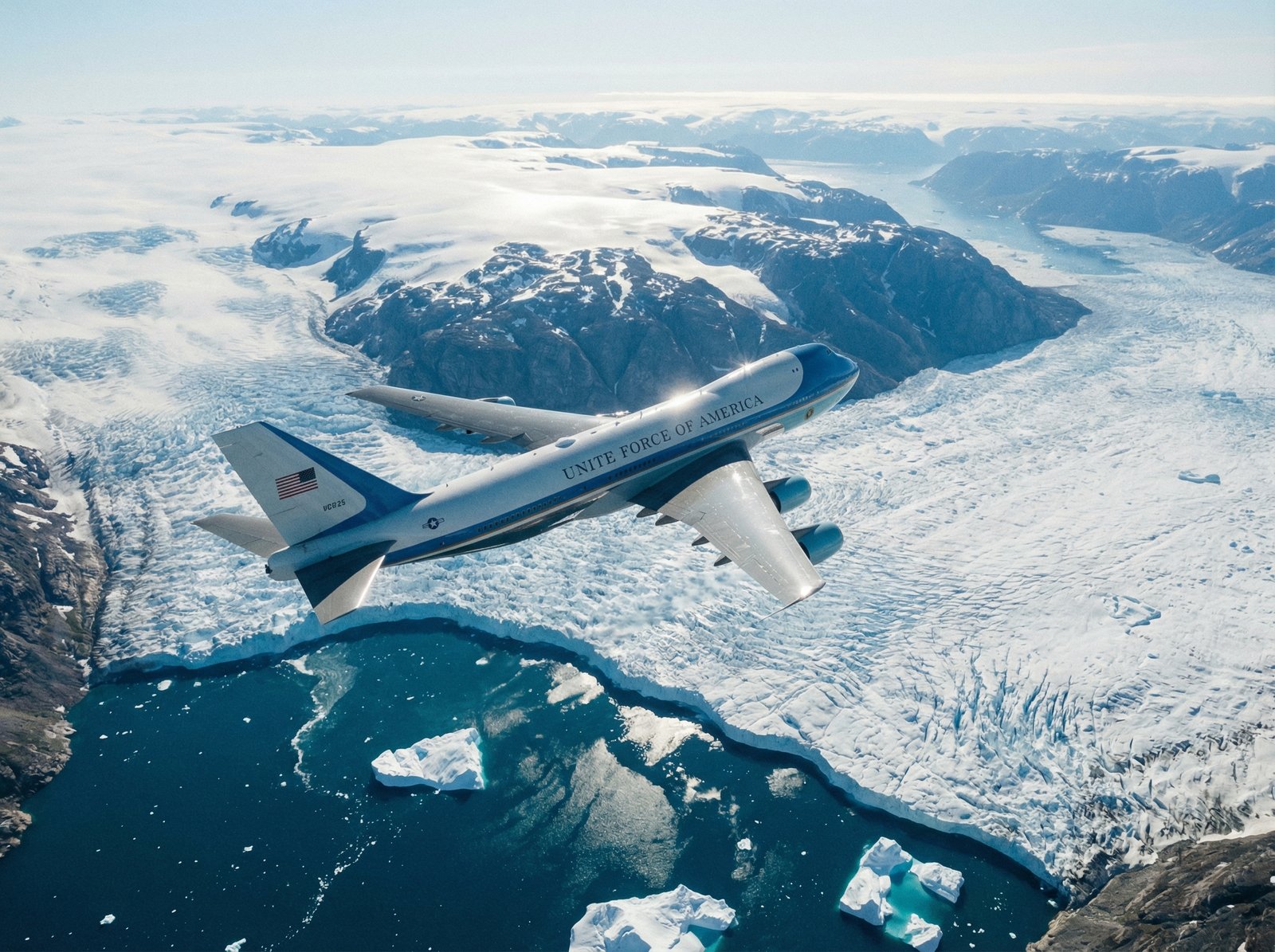 Cinematic wide shot of Air Force One flying over the vast icy landscape of Greenland with deep blue arctic waters and glaciers, realistic photography, high resolution, 4:3 aspect ratio, no text
