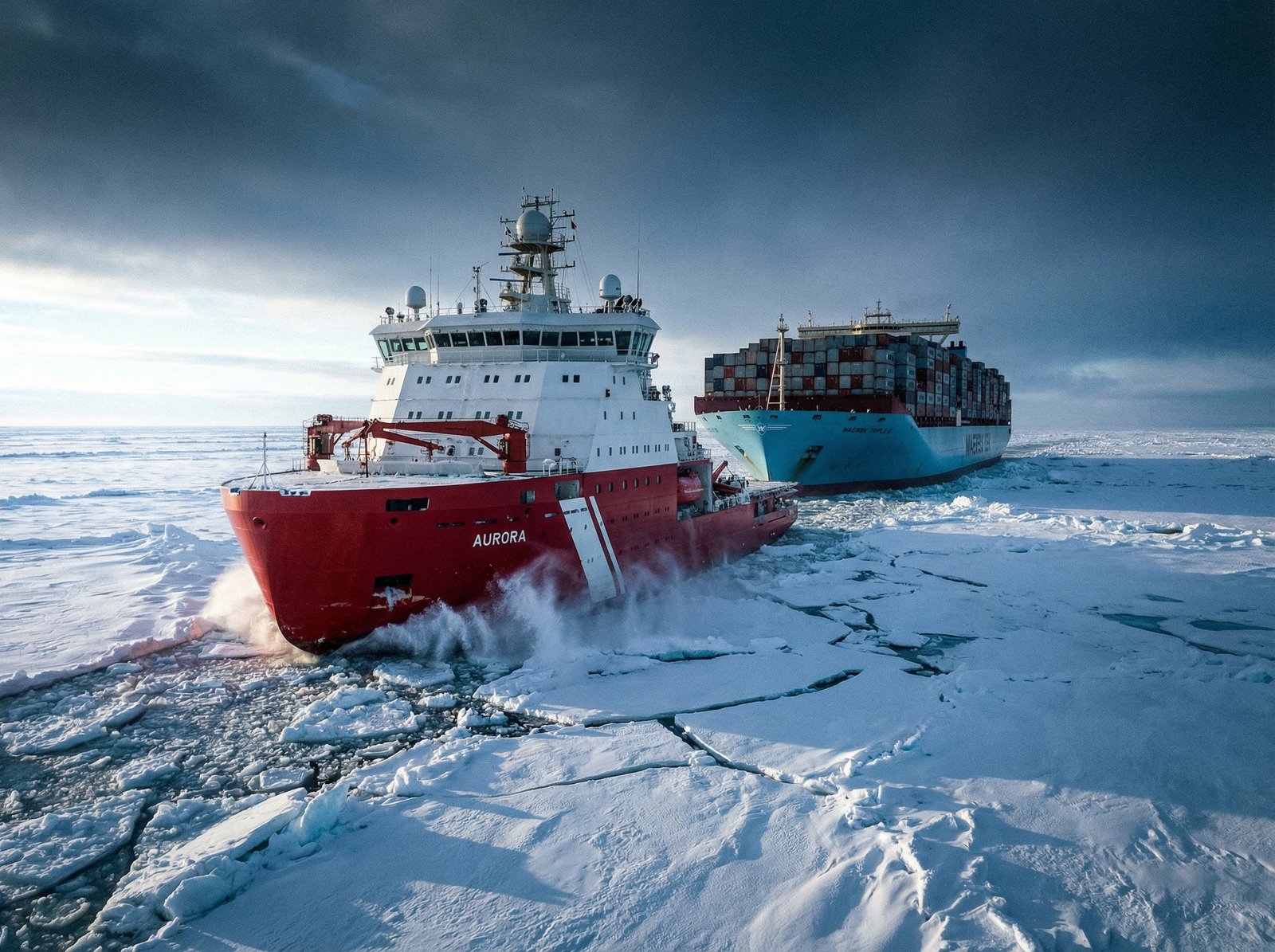 A powerful modern icebreaker ship leading a large container vessel through a narrow channel in arctic sea ice, dramatic perspective, realistic maritime photography, cold atmospheric lighting, 4:3 aspect ratio, no text