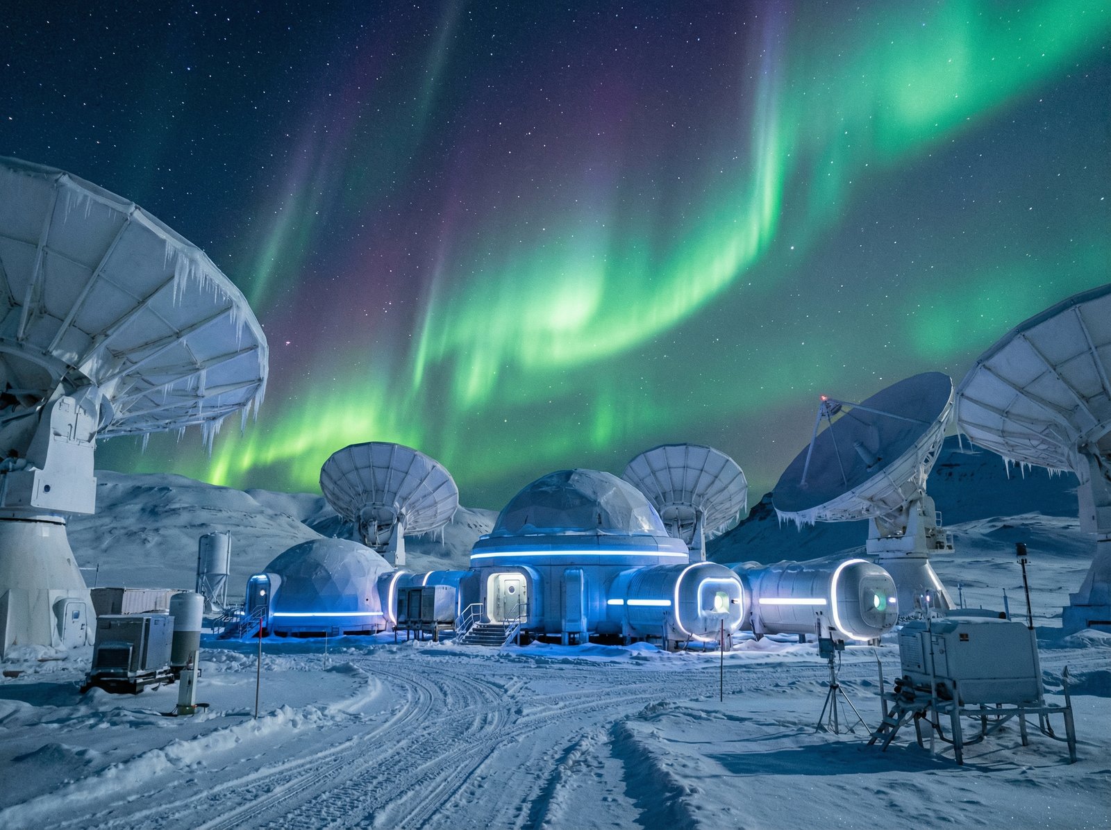 High tech satellite ground station with large white parabolic dishes located in a snowy arctic environment, aurora borealis in the night sky, futuristic professional photography, 4:3 aspect ratio, no text