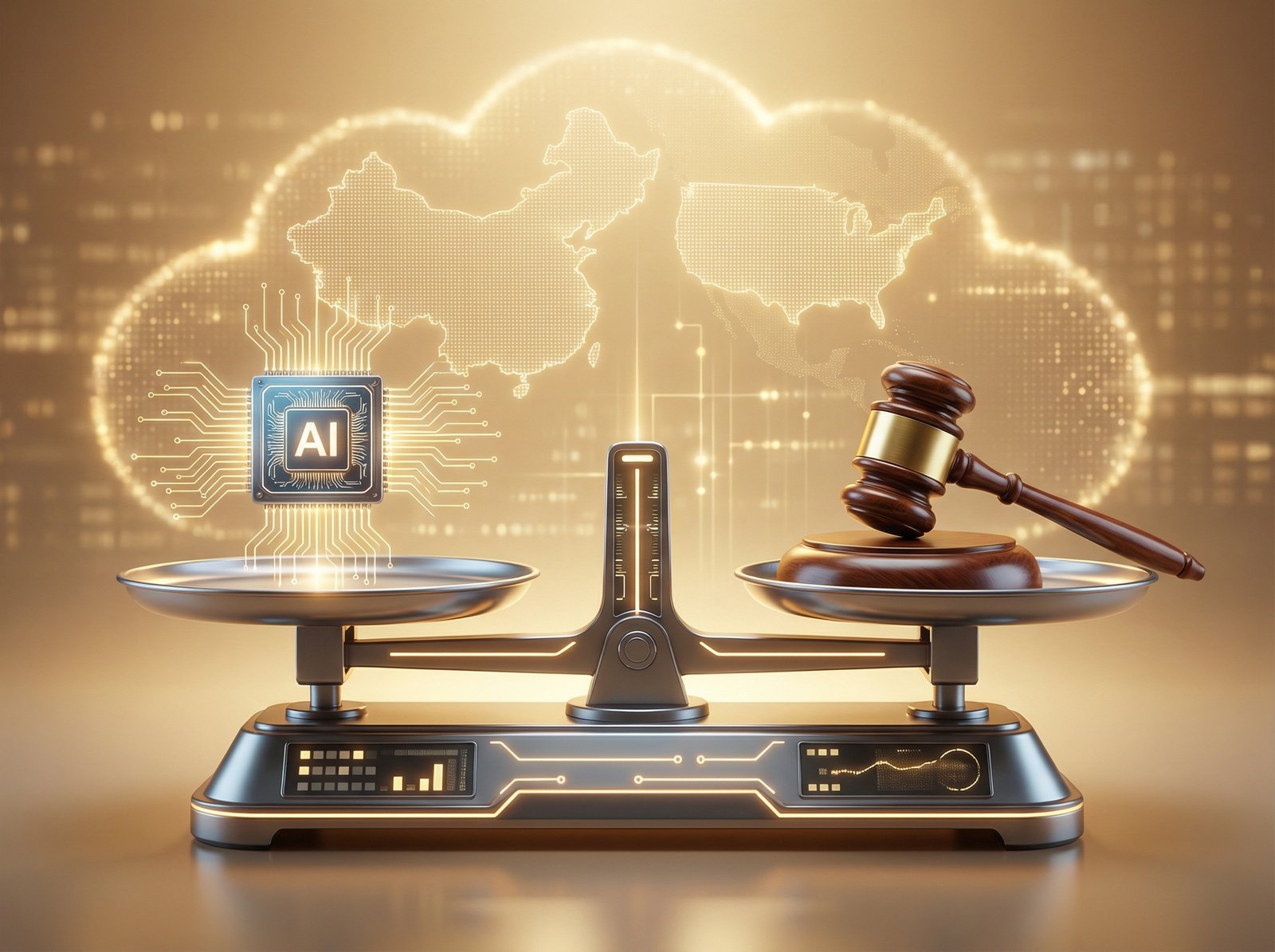 A conceptual image showing a digital scale of justice with a high-tech chip on one side and a legal gavel on the other. Behind it is a subtle map of China and the USA. Realistic professional style, warm lighting. 4:3 aspect ratio, no text.