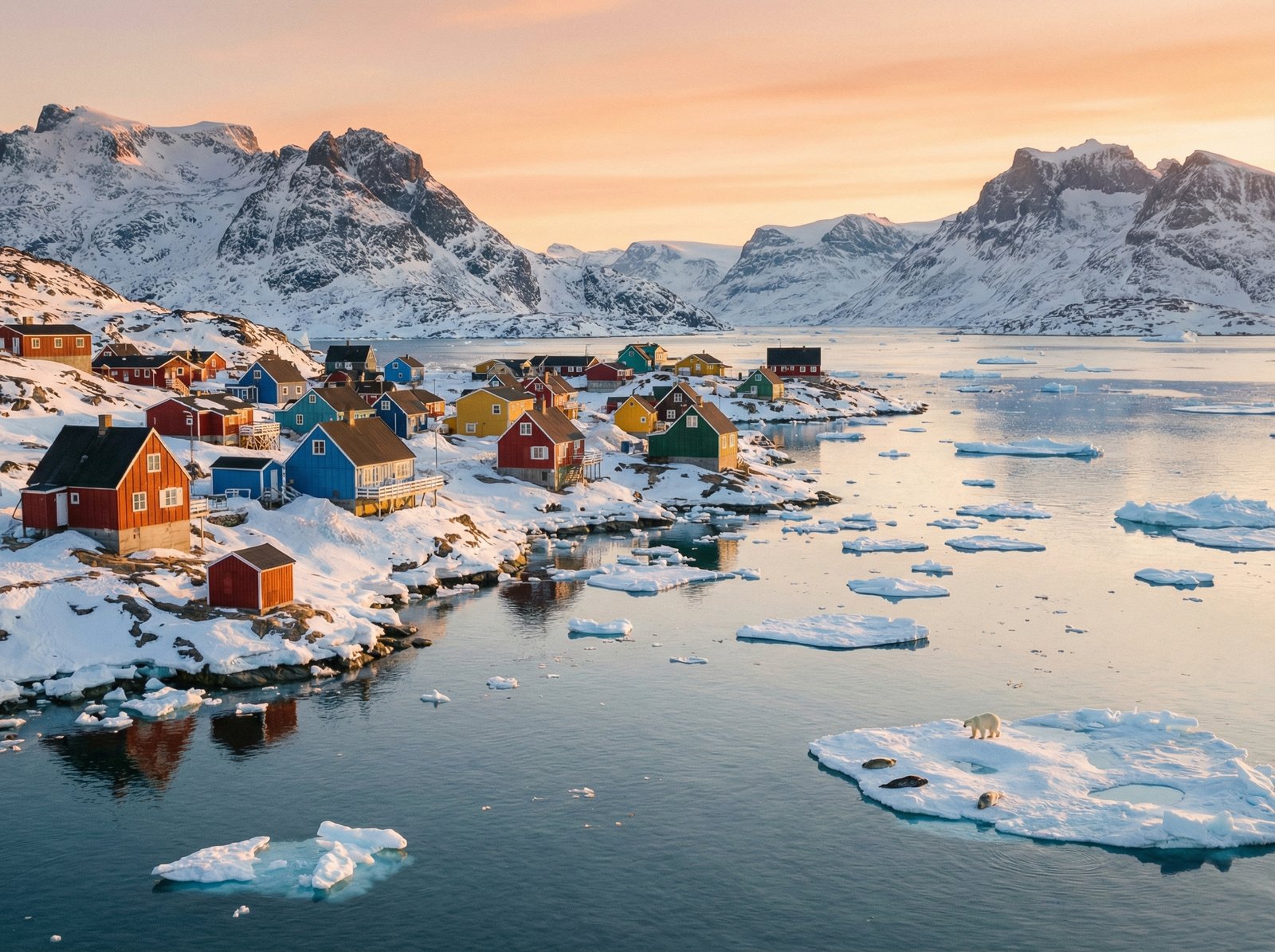 Majestic snowy landscape of Greenland with colorful houses in a small coastal village, calm arctic ocean, soft morning light, high definition, 4:3