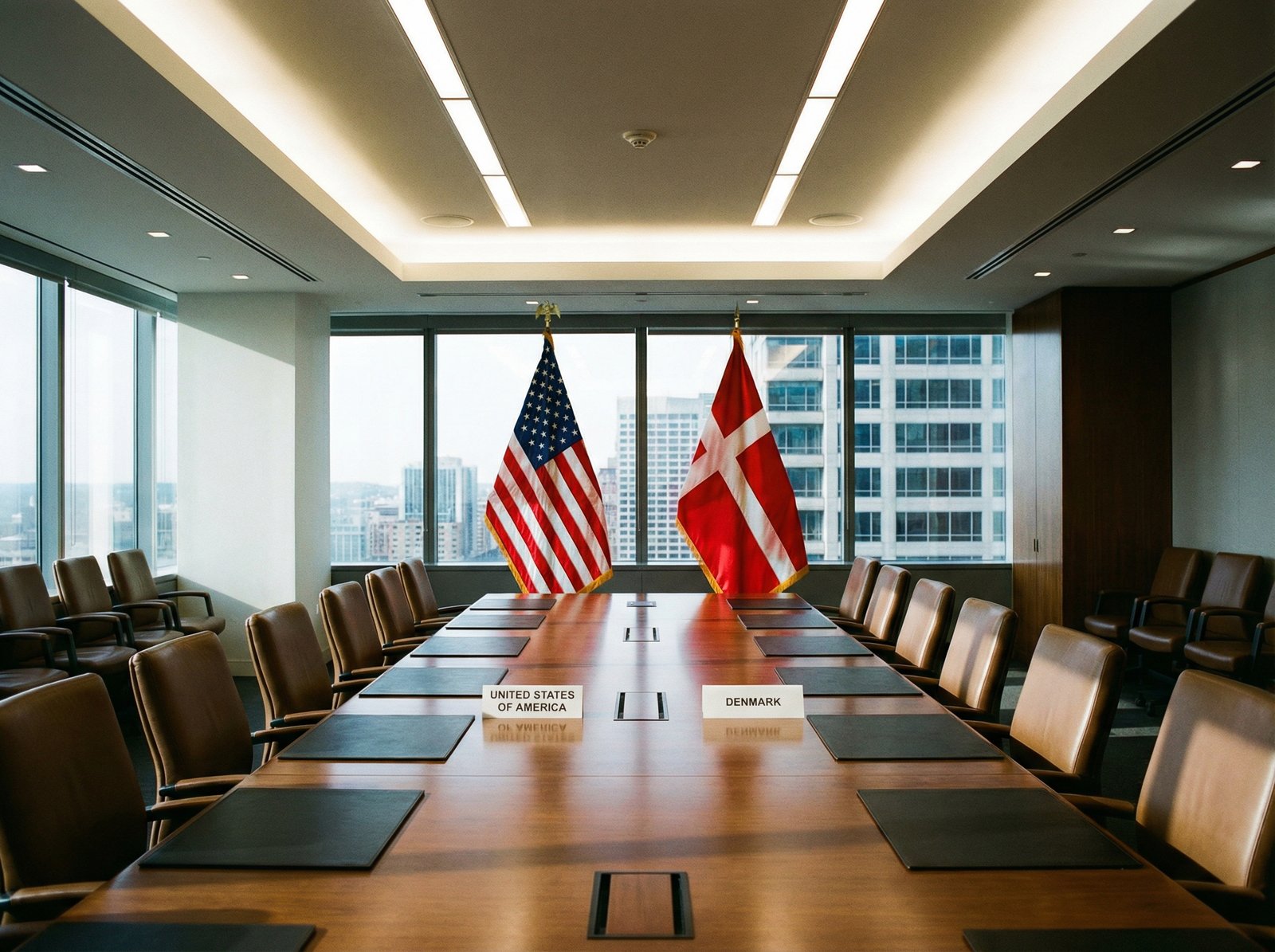 A professional and modern diplomatic meeting room with flags of United States and Denmark, large wooden table, bright professional lighting, high contrast, 4:3