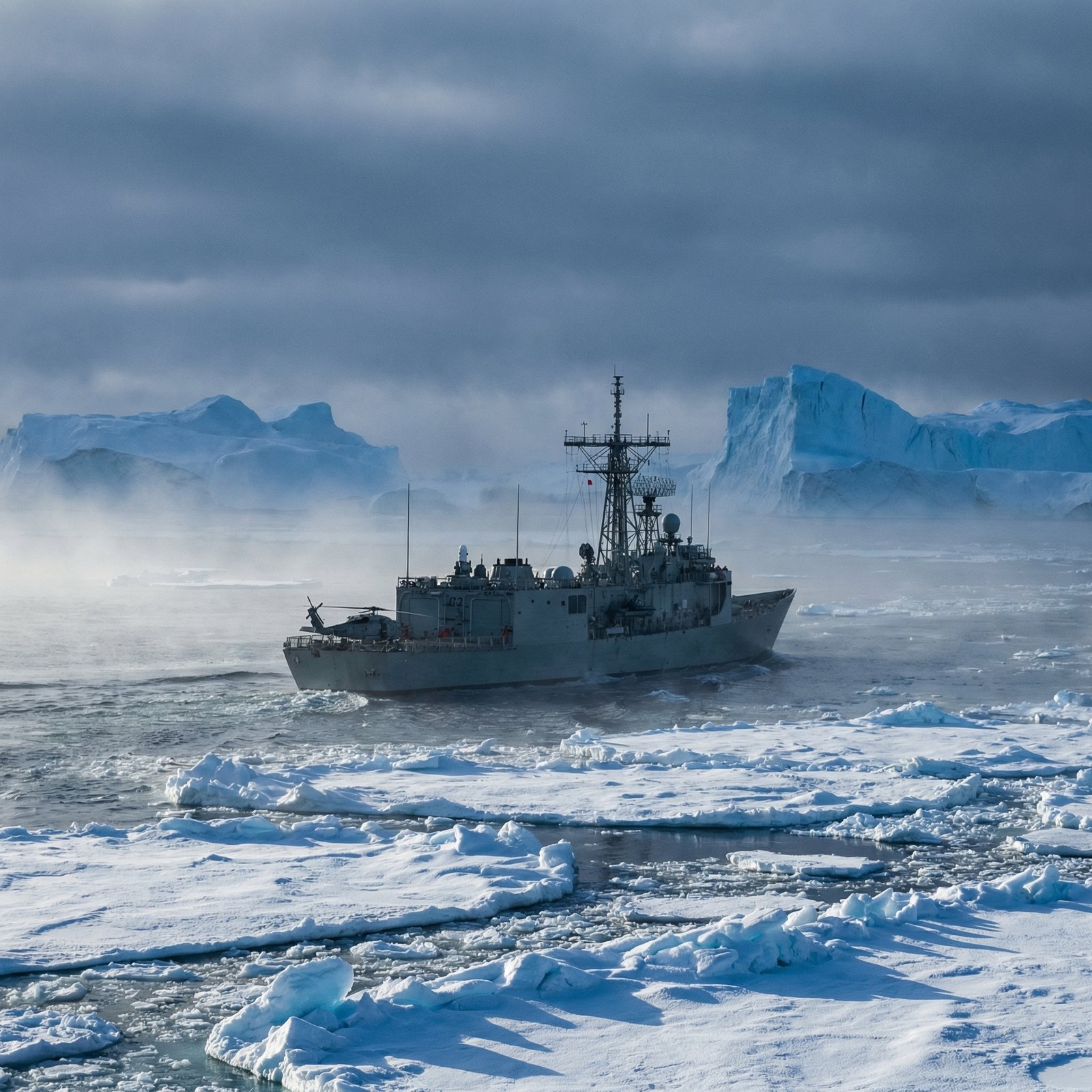 A naval ship navigating through icy Arctic waters with icebergs in the background, cold blue atmosphere, dramatic lighting, detailed composition, 1:1