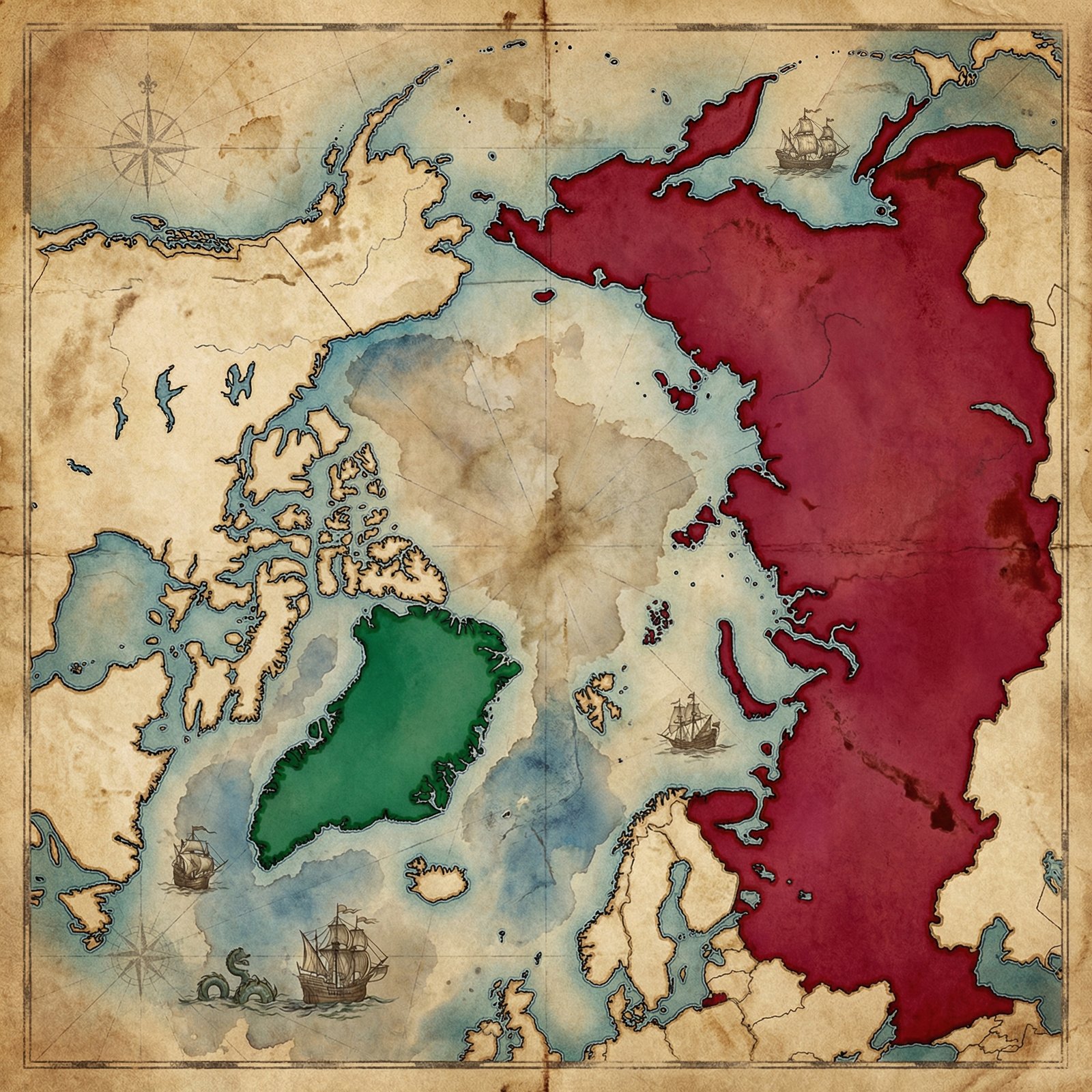 A strategic map showing the Arctic Ocean with Russia and Greenland highlighted in contrasting colors, artistic rendering with a textured historical map background, aspect ratio 1:1, no text