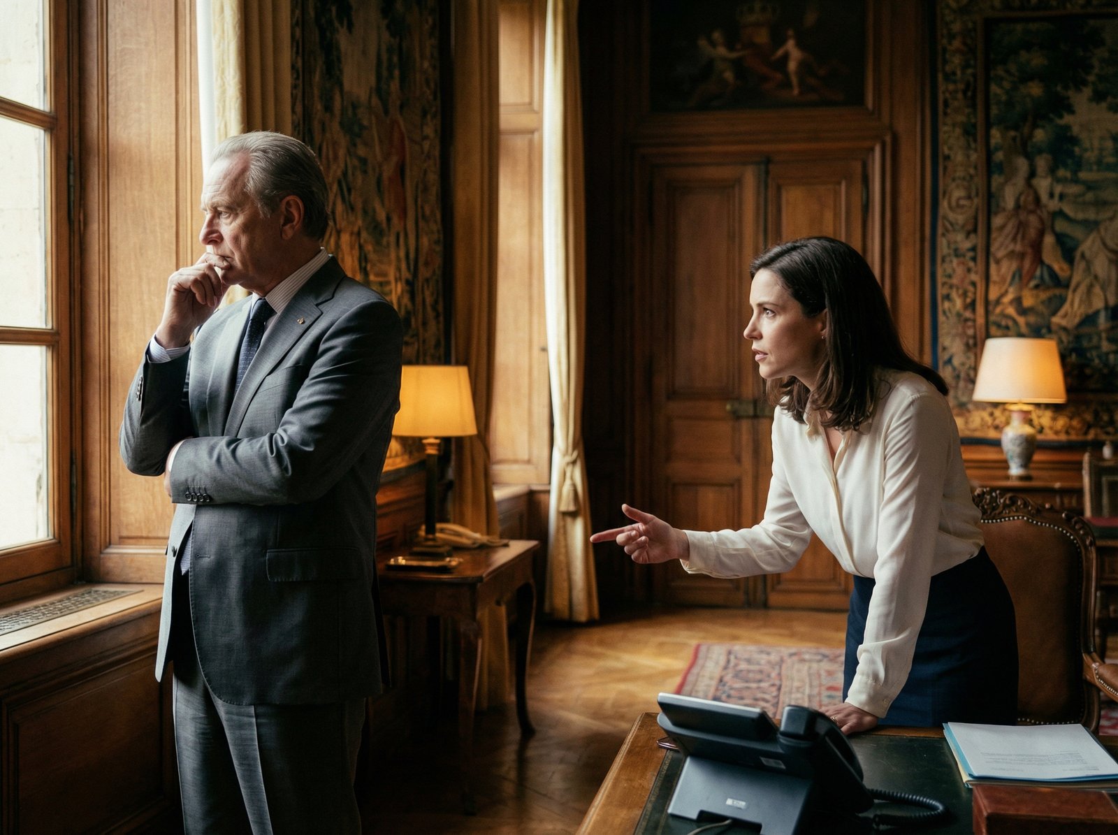 Two political leaders in a high-stakes diplomatic setting, one looking contemplative and the other assertive, modern cinematic lighting with rich textures, aspect ratio 4:3, no text