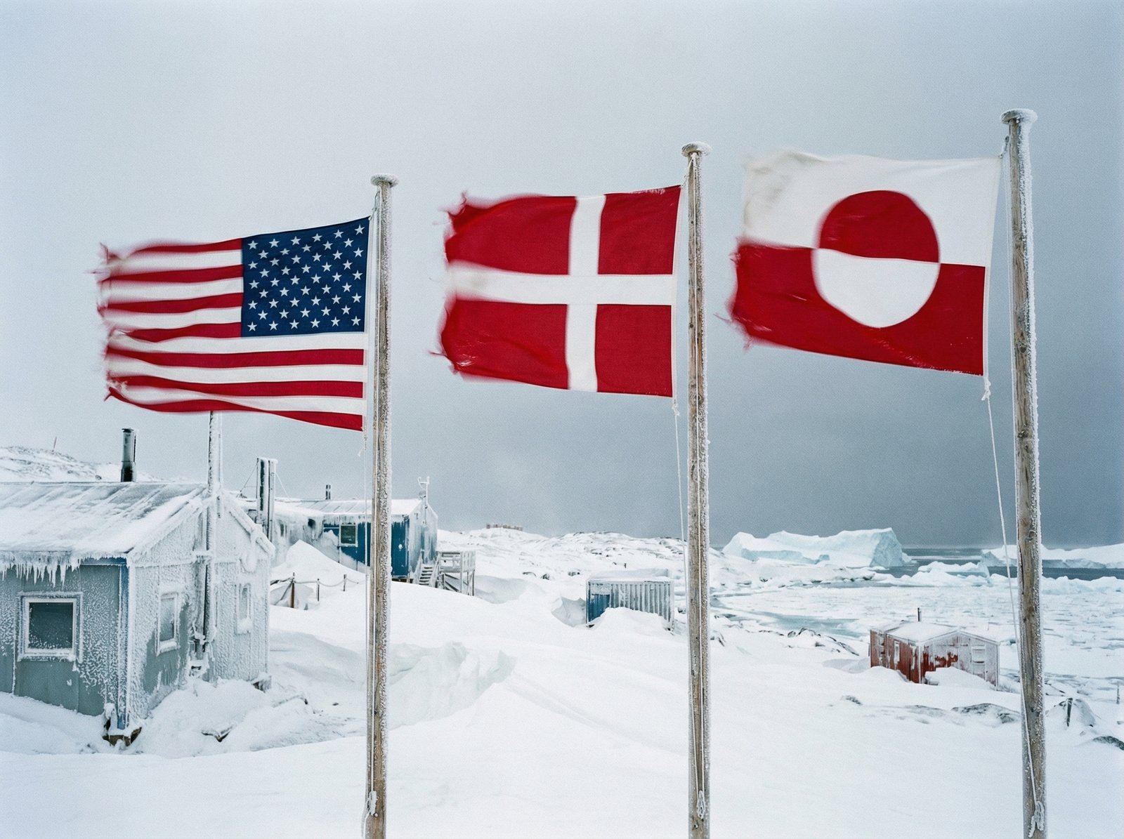 National flags including the US, Denmark, and Greenland fluttering in a cold Arctic wind against a snowy landscape, detailed composition, aspect ratio 4:3, no text