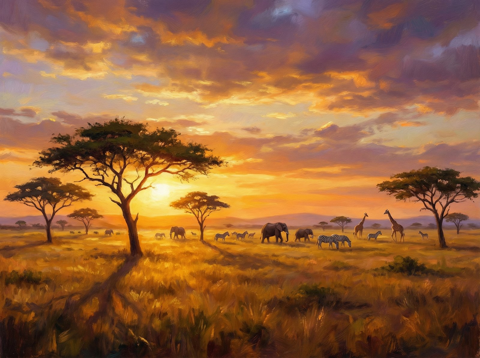 A wide view of the Serengeti National Park savanna at sunset with acacia trees scattered across the golden grass and a few distant animals under a warm sky aspect ratio 4:3 no text style artistic rendering