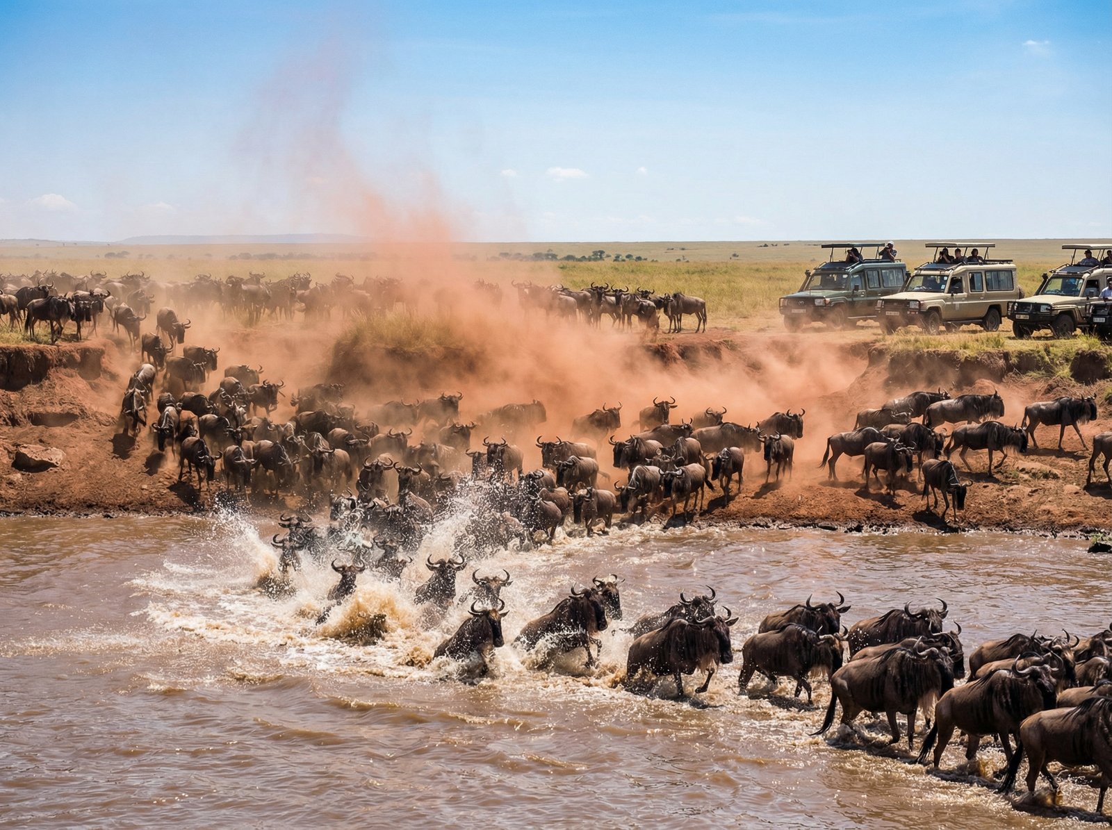 A massive herd of wildebeests crossing a river in the Serengeti with splashes of water and dramatic dust clouds under bright daylight aspect ratio 4:3 no text style lifestyle photography